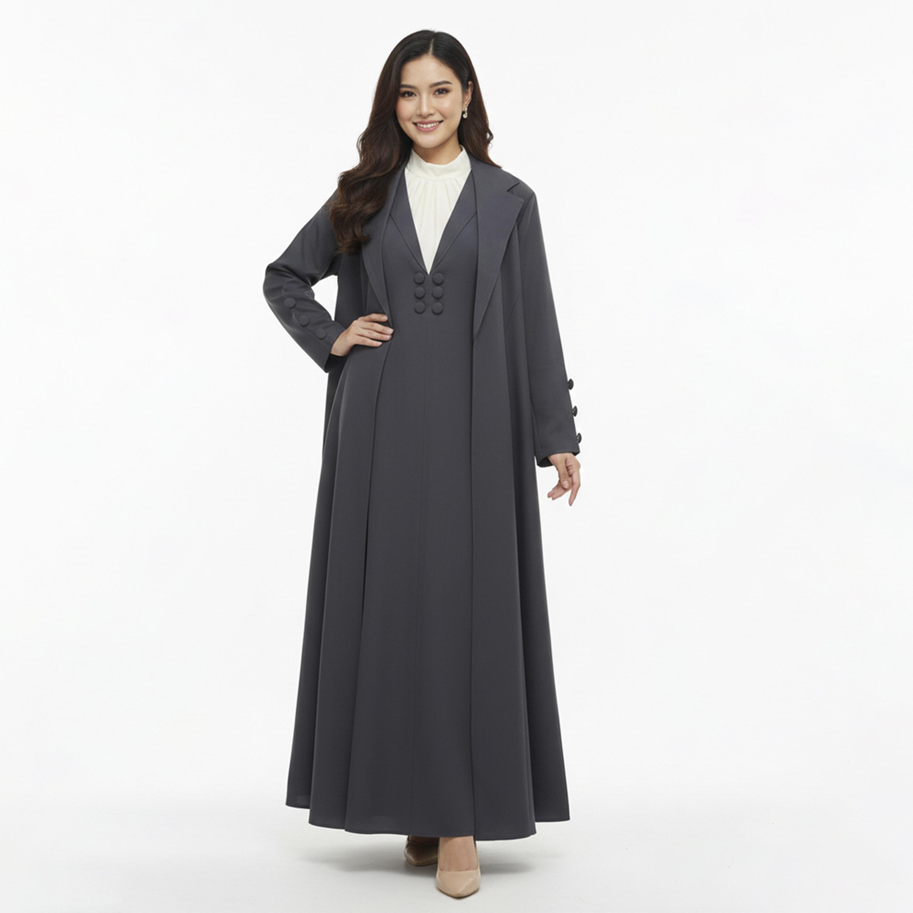 Lamha Grey Lapel Collar Linen Women's Formal Blazer Style Abaya with Inner Dress-women-arabicclothing-abayas-image-1