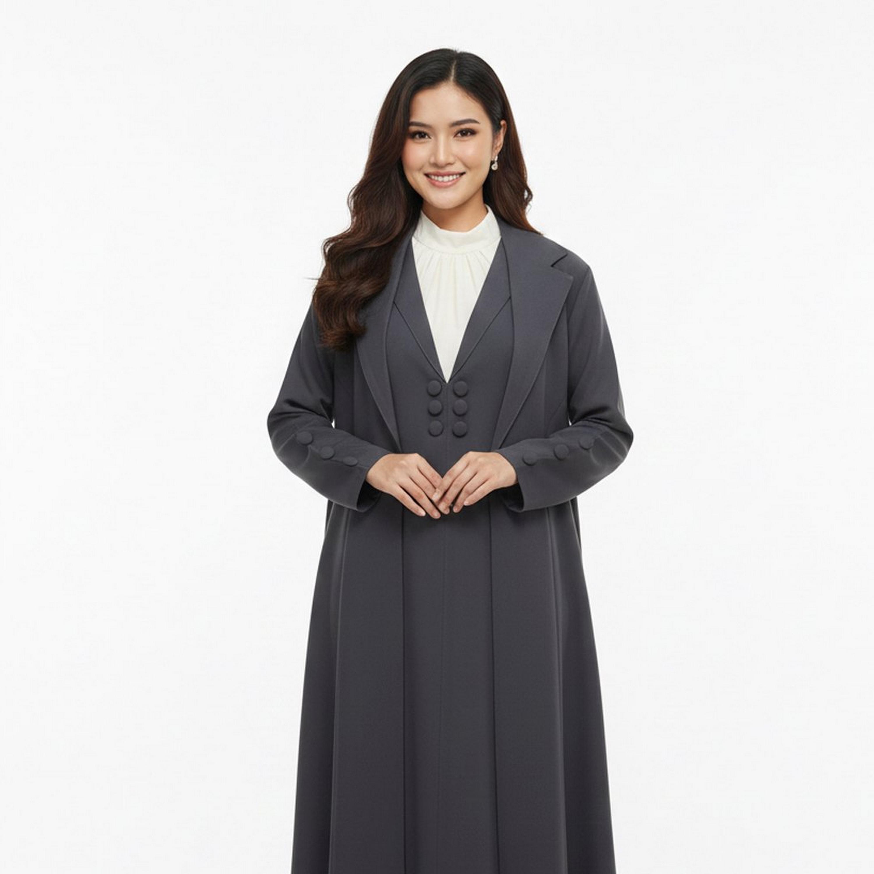 Lamha Grey Lapel Collar Linen Women's Formal Blazer Style Abaya with Inner Dress-women-arabicclothing-abayas-image-2