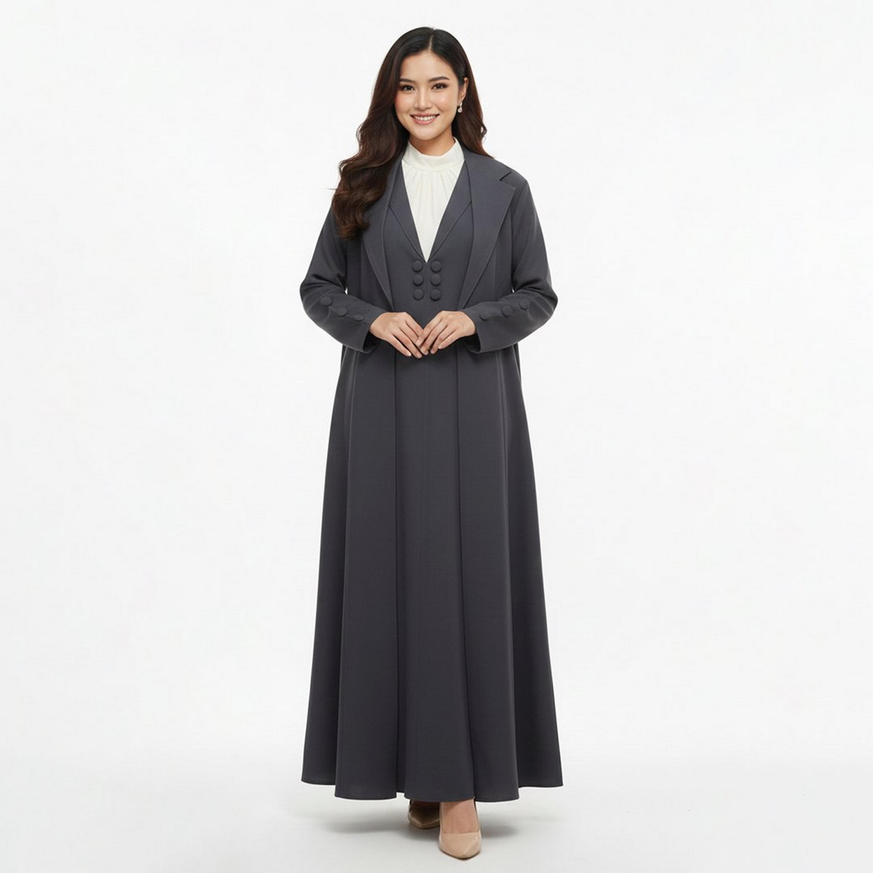 Lamha Grey Lapel Collar Linen Women's Formal Blazer Style Abaya with Inner Dress-women-arabicclothing-abayas-image-3