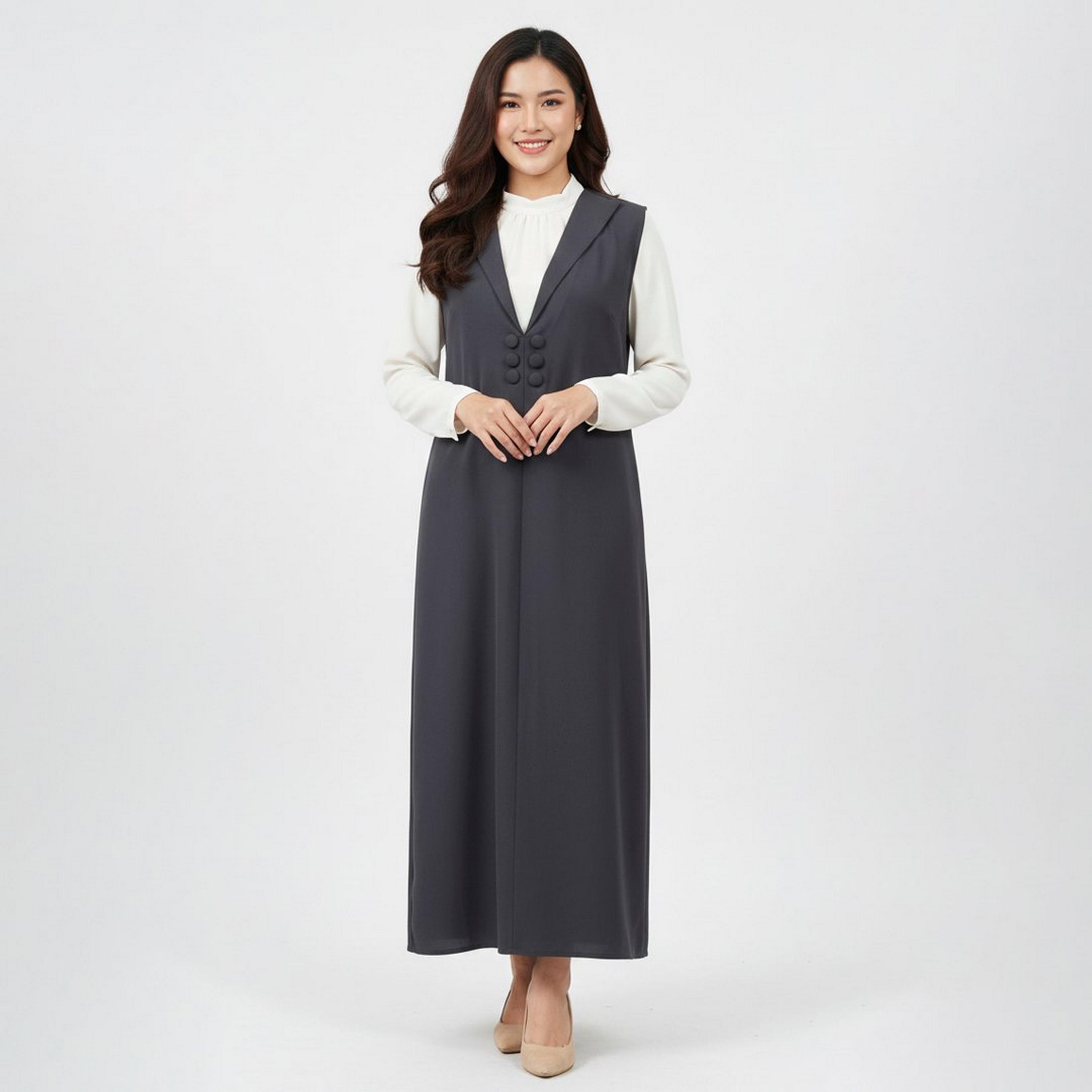 Lamha Grey Lapel Collar Linen Women's Formal Blazer Style Abaya with Inner Dress-women-arabicclothing-abayas-image-4