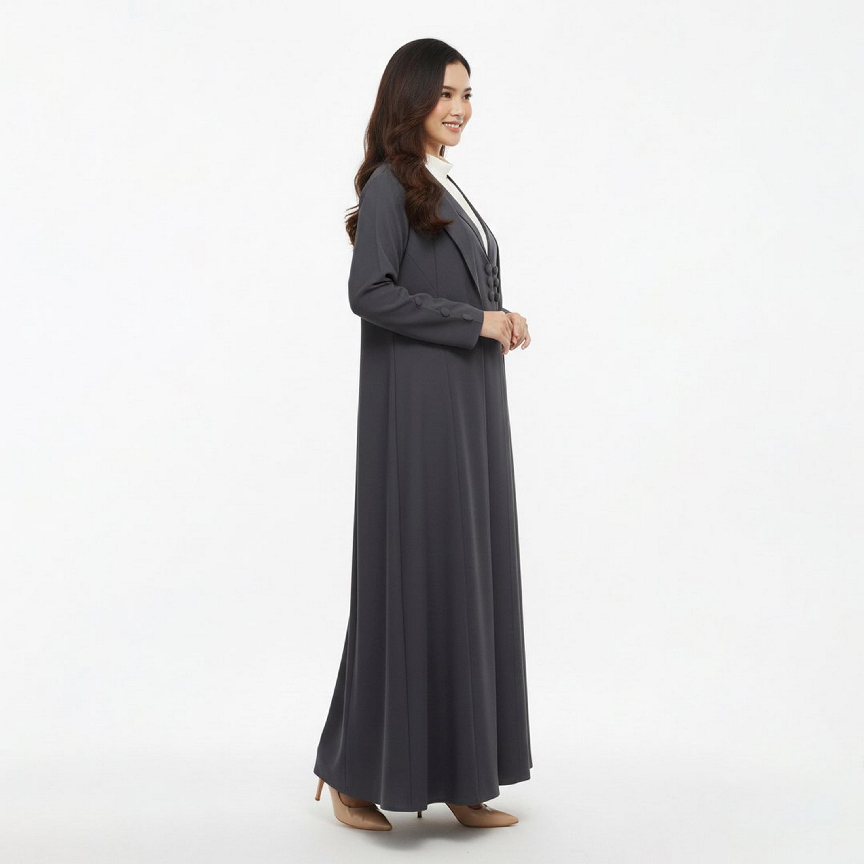 Lamha Grey Lapel Collar Linen Women's Formal Blazer Style Abaya with Inner Dress-women-arabicclothing-abayas-image-5