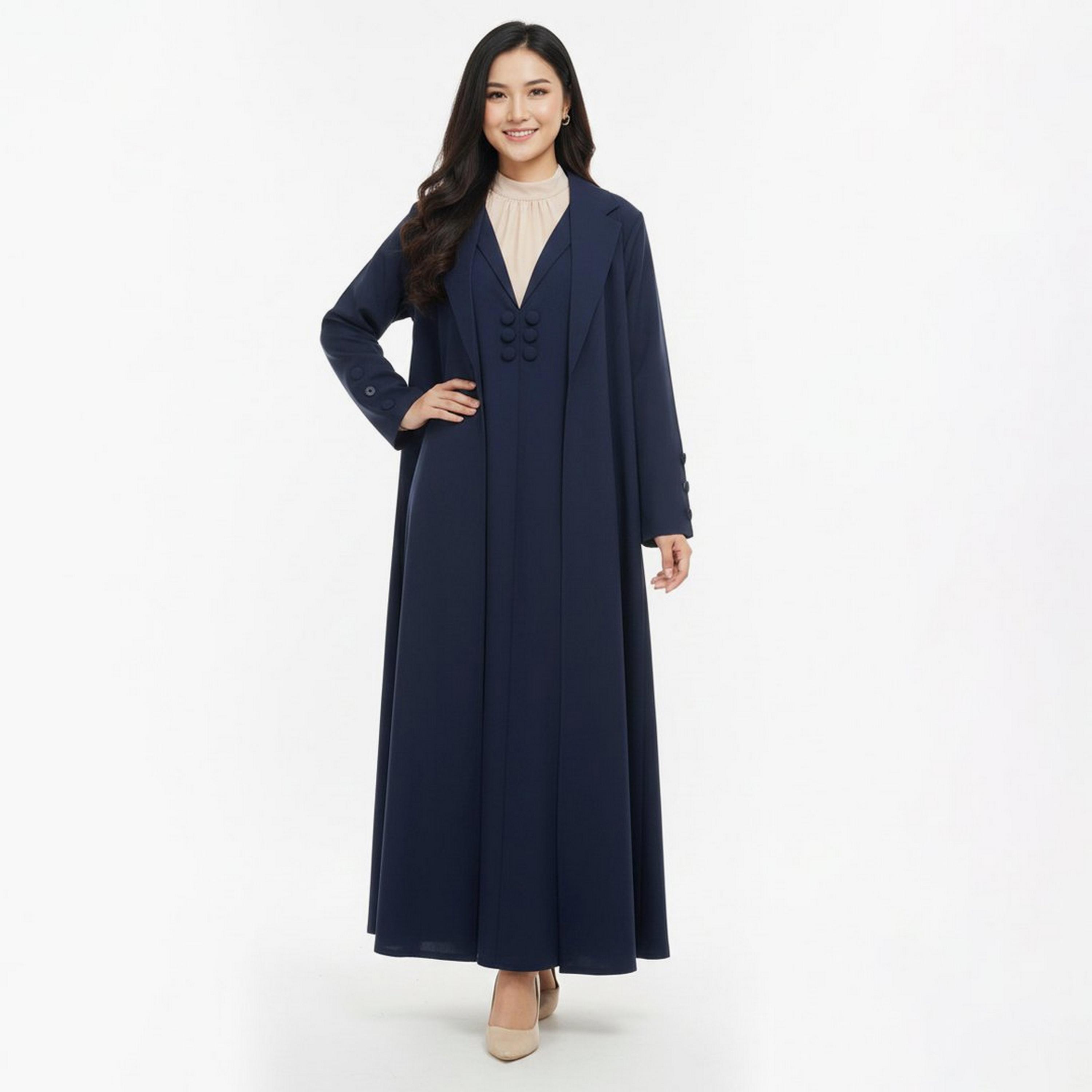 عباية رسمية "بلايزر ستايل" بياقة "لابل" كتان نسائية مع فستان داخلي - كحلي من لمحة-women-arabicclothing-abayas-image-1