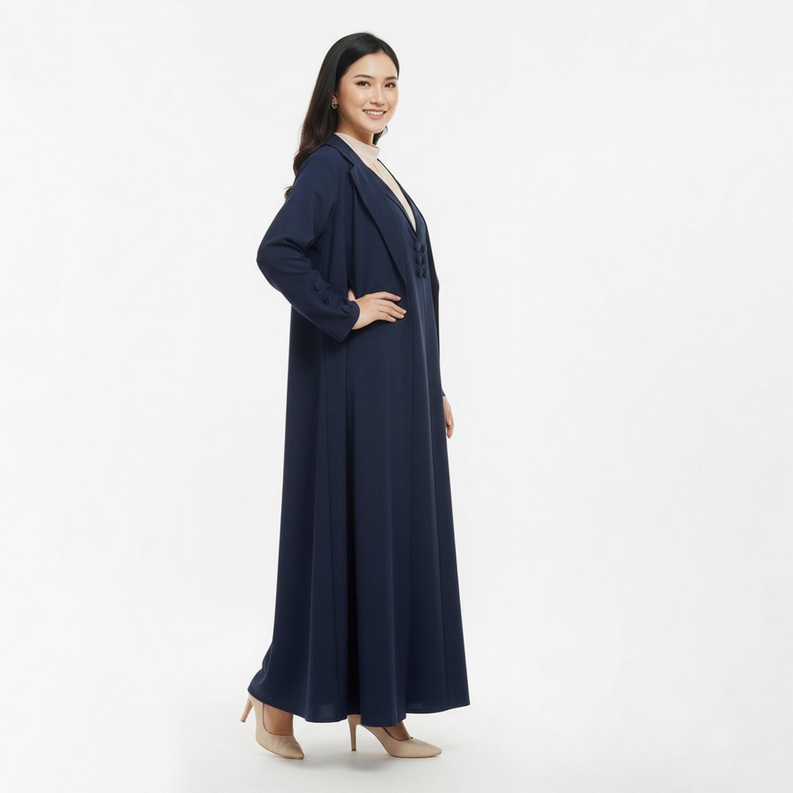 عباية رسمية "بلايزر ستايل" بياقة "لابل" كتان نسائية مع فستان داخلي - كحلي من لمحة-women-arabicclothing-abayas-image-4
