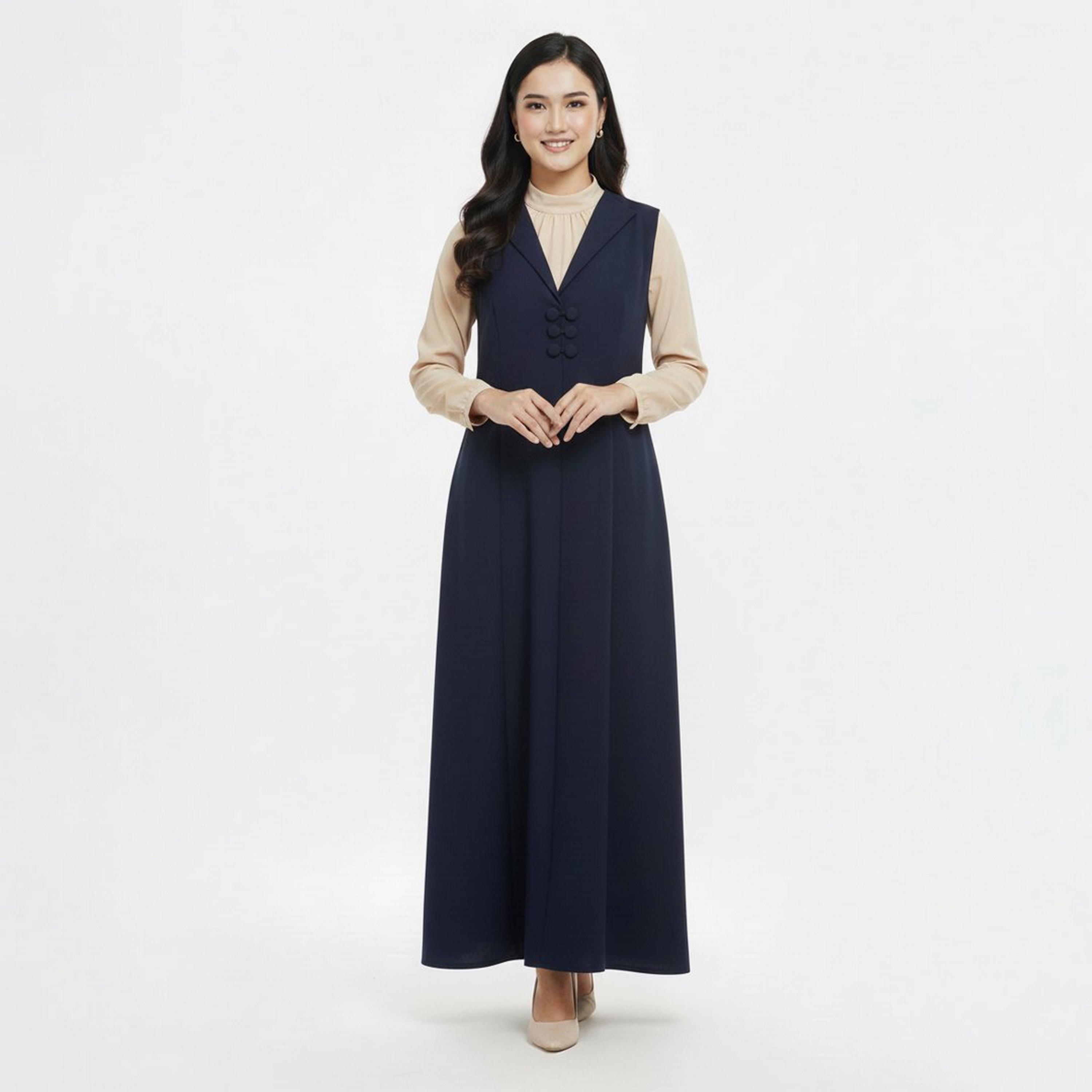 عباية رسمية "بلايزر ستايل" بياقة "لابل" كتان نسائية مع فستان داخلي - كحلي من لمحة-women-arabicclothing-abayas-image-5