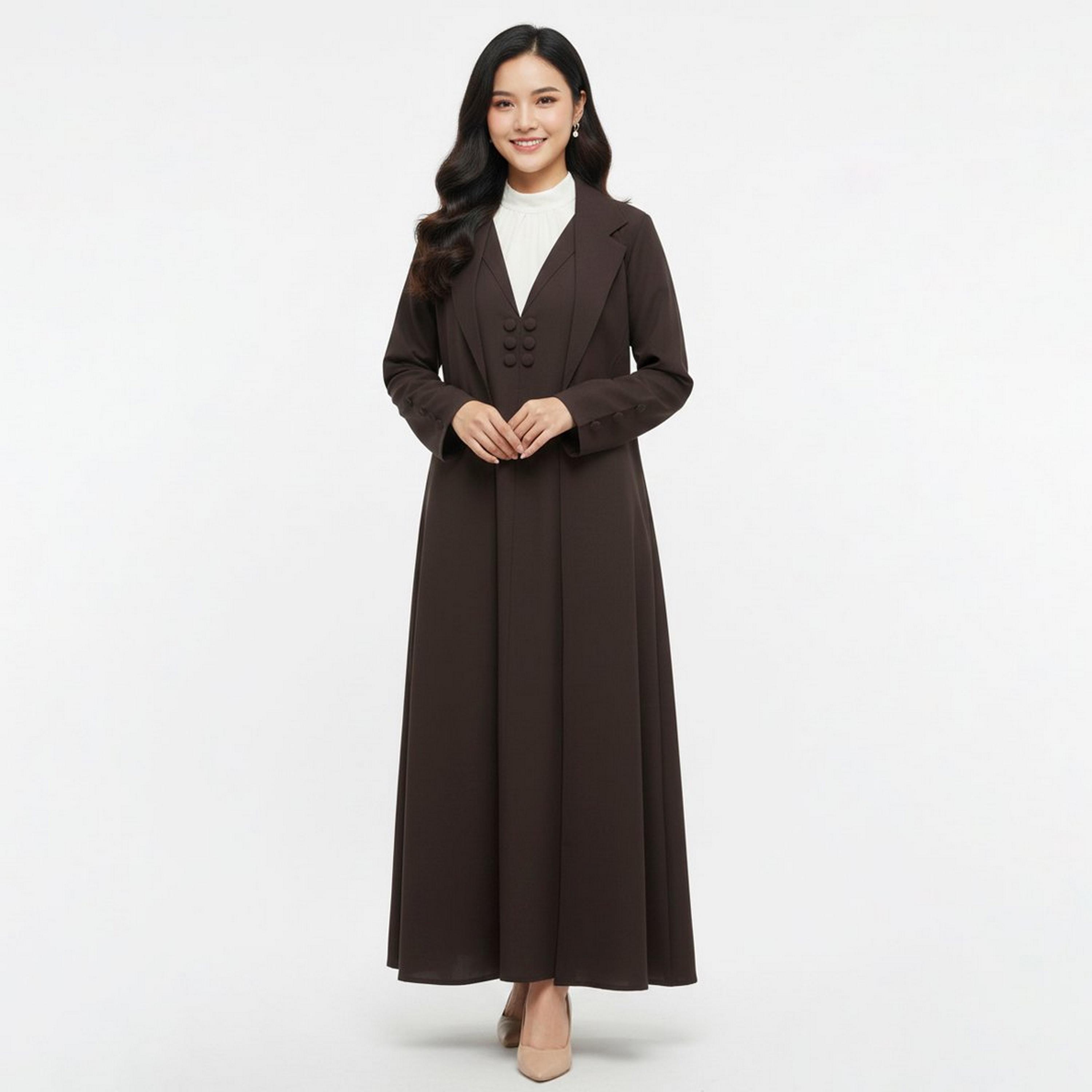 Lamha Brown Lapel Collar Linen Women's Formal Blazer Style Abaya with Inner Dress-women-arabicclothing-abayas-image-1