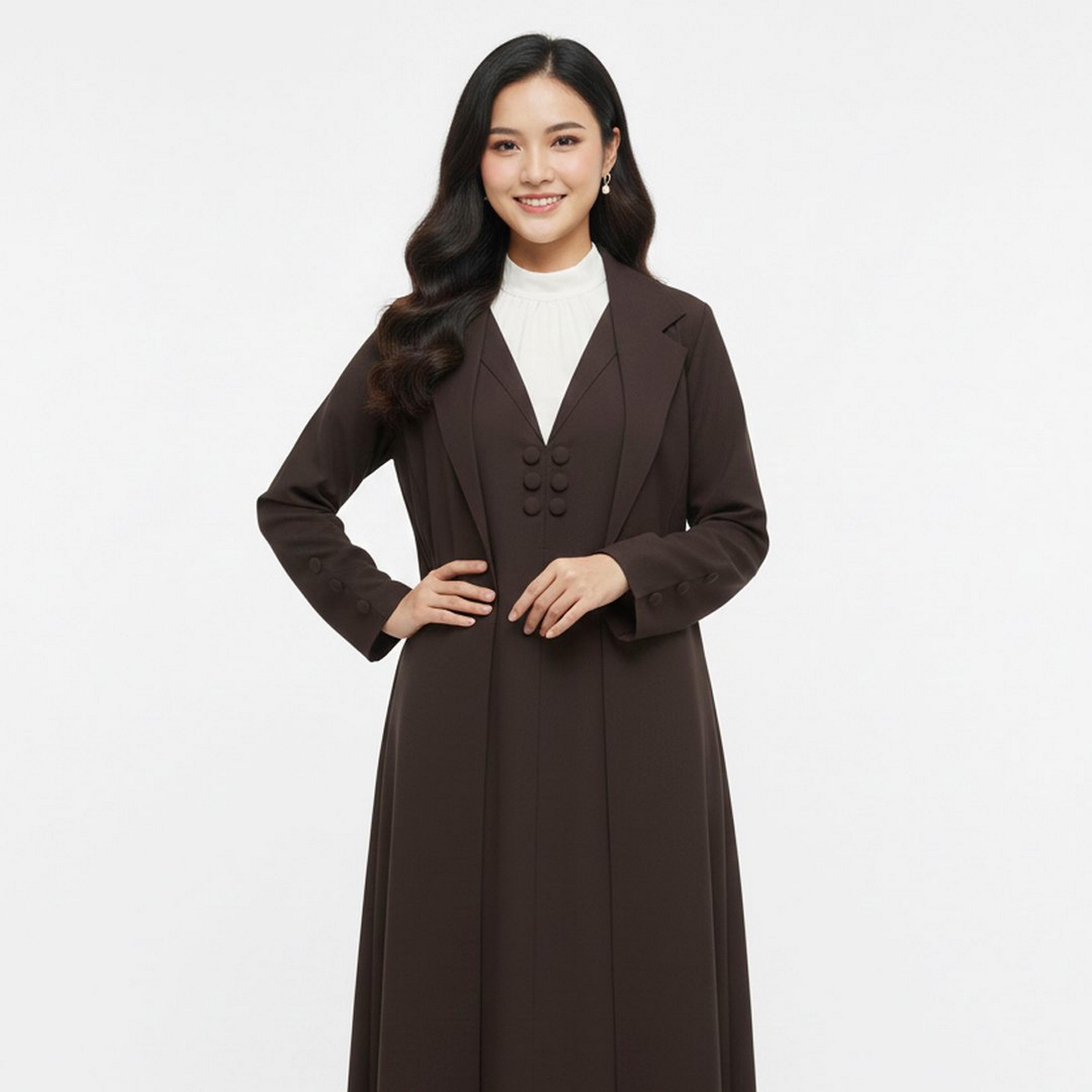 Lamha Brown Lapel Collar Linen Women's Formal Blazer Style Abaya with Inner Dress-women-arabicclothing-abayas-image-2