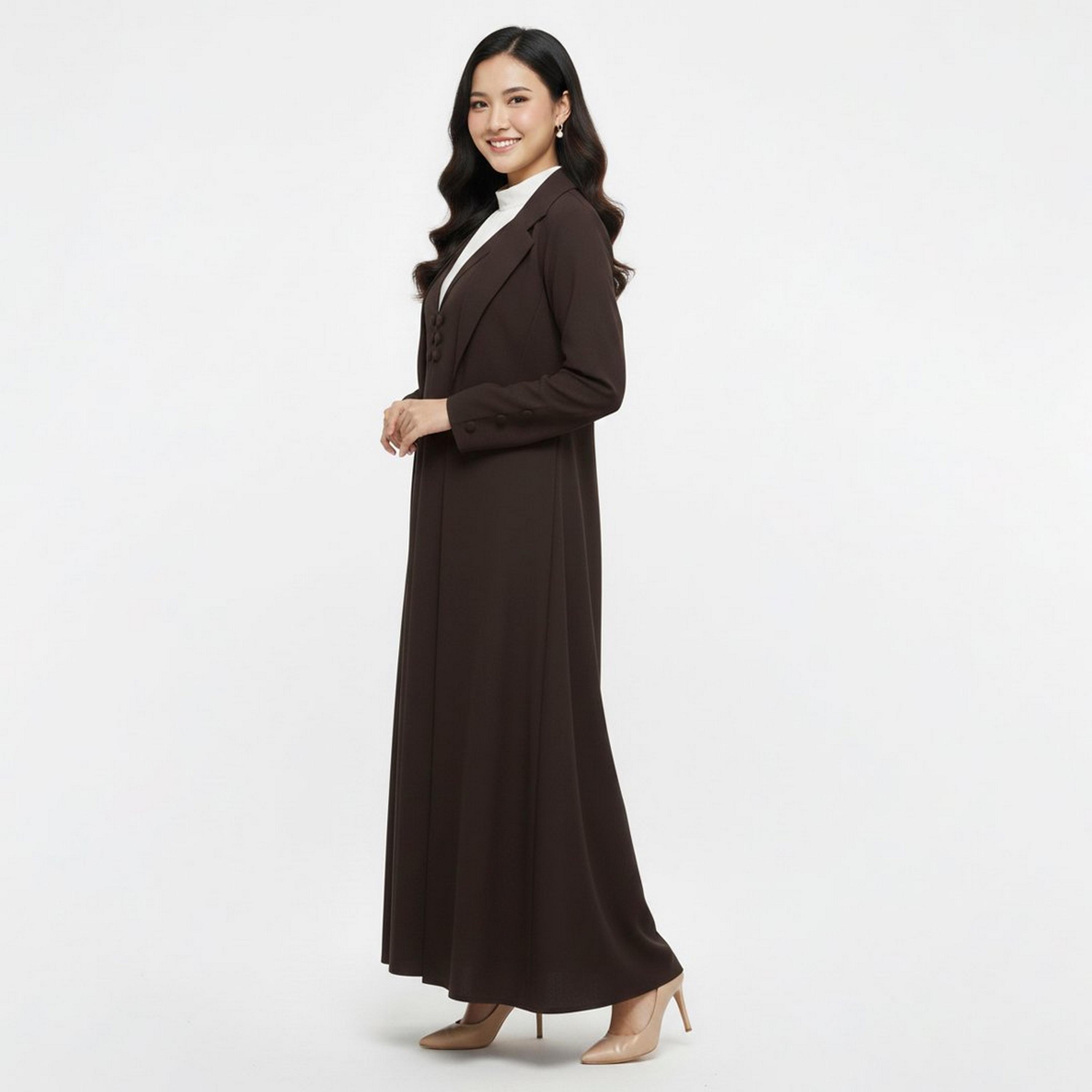 Lamha Brown Lapel Collar Linen Women's Formal Blazer Style Abaya with Inner Dress-women-arabicclothing-abayas-image-3