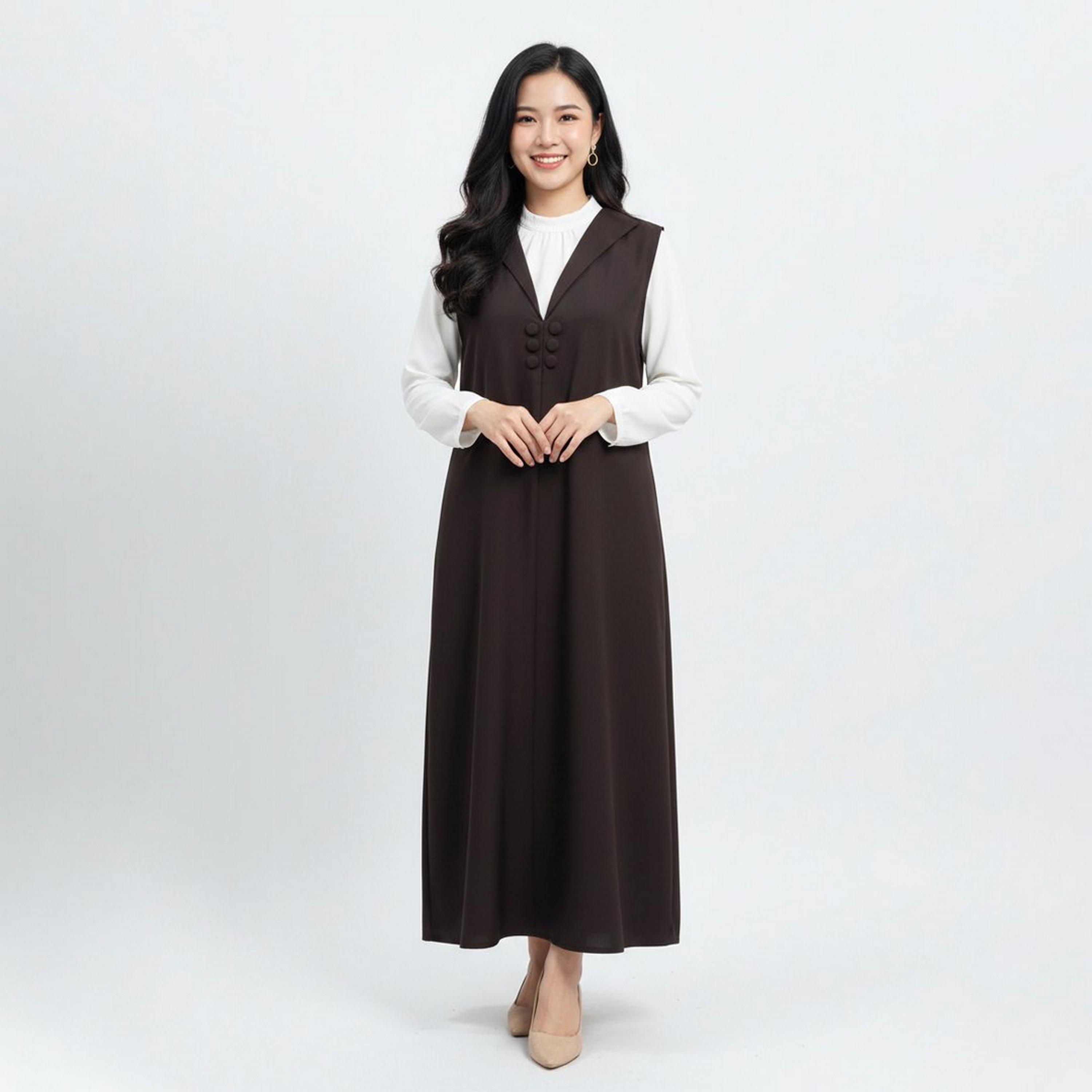 Lamha Brown Lapel Collar Linen Women's Formal Blazer Style Abaya with Inner Dress-women-arabicclothing-abayas-image-4