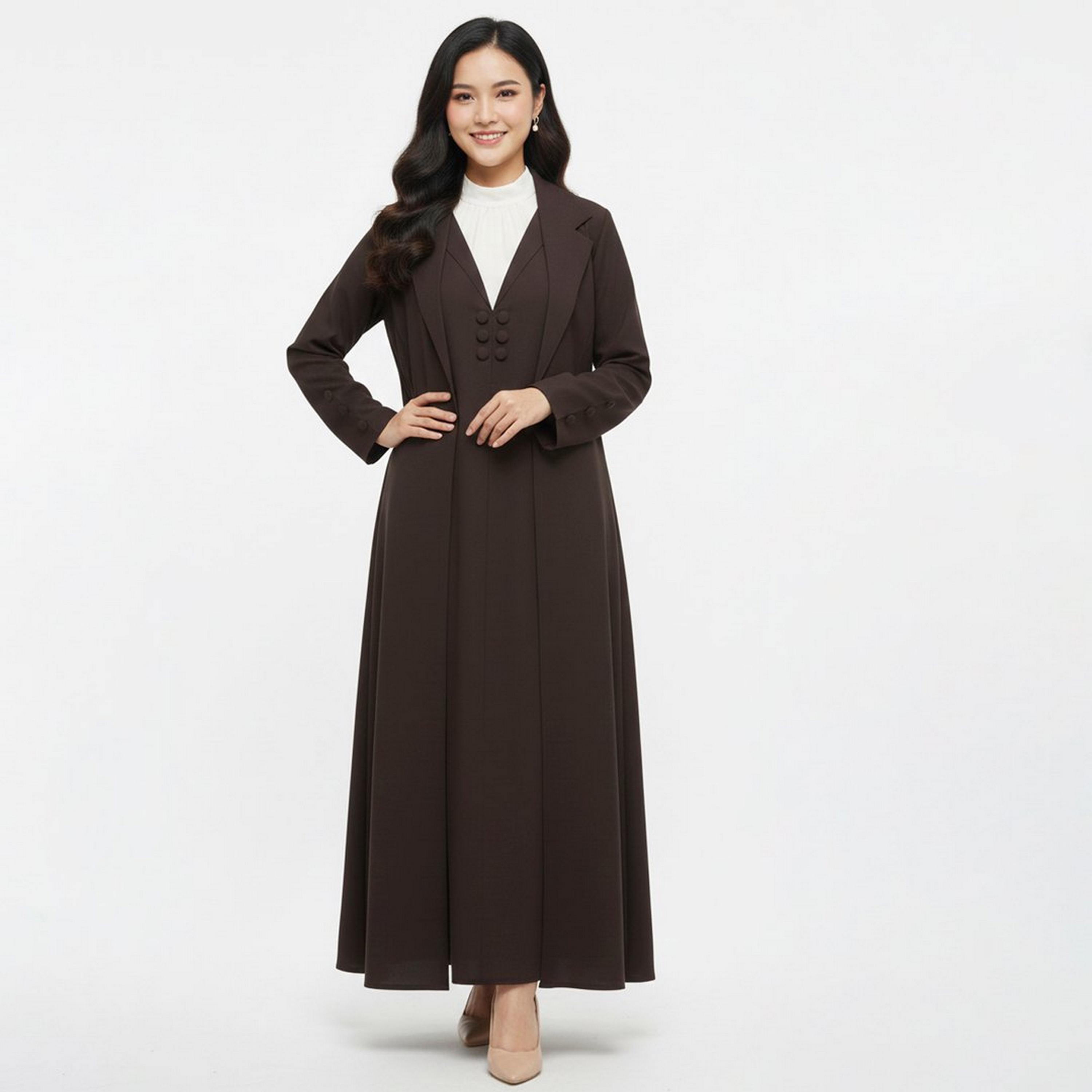 Lamha Brown Lapel Collar Linen Women's Formal Blazer Style Abaya with Inner Dress-women-arabicclothing-abayas-image-5