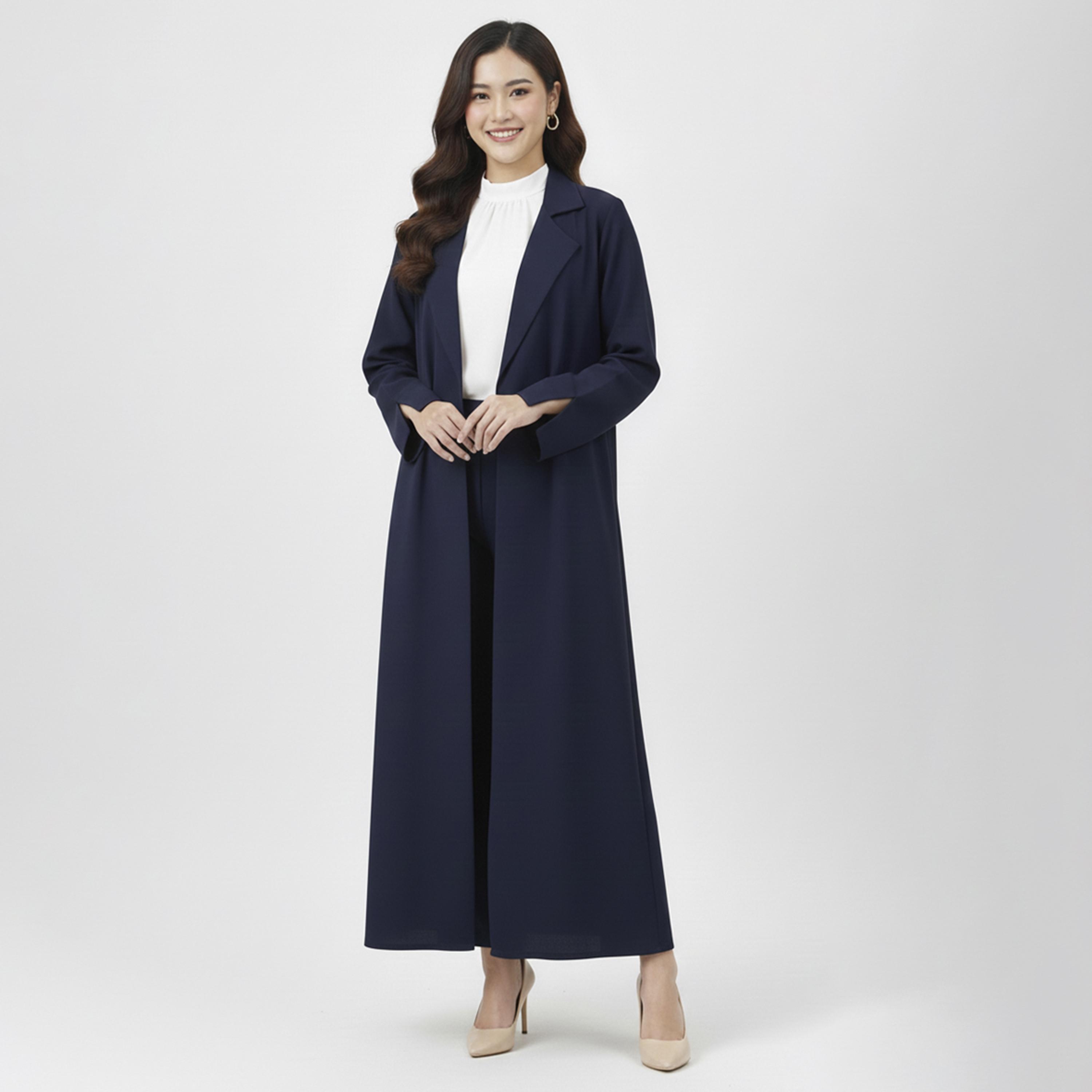 Lamha Navy Blue Lapel Collar Linen Women's Formal Blazer Style Abaya-women-arabicclothing-abayas-image-1