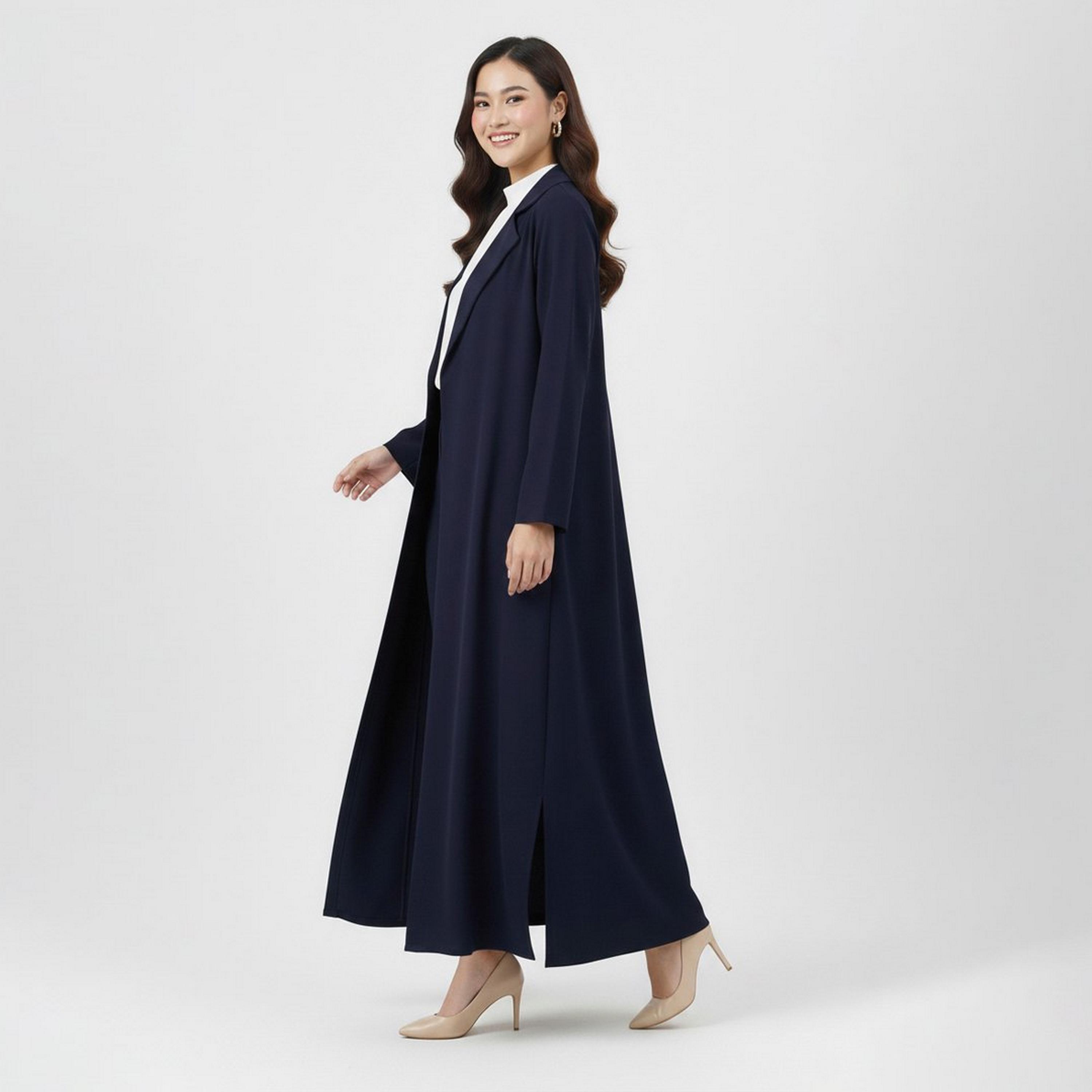 Lamha Navy Blue Lapel Collar Linen Women's Formal Blazer Style Abaya-women-arabicclothing-abayas-image-3