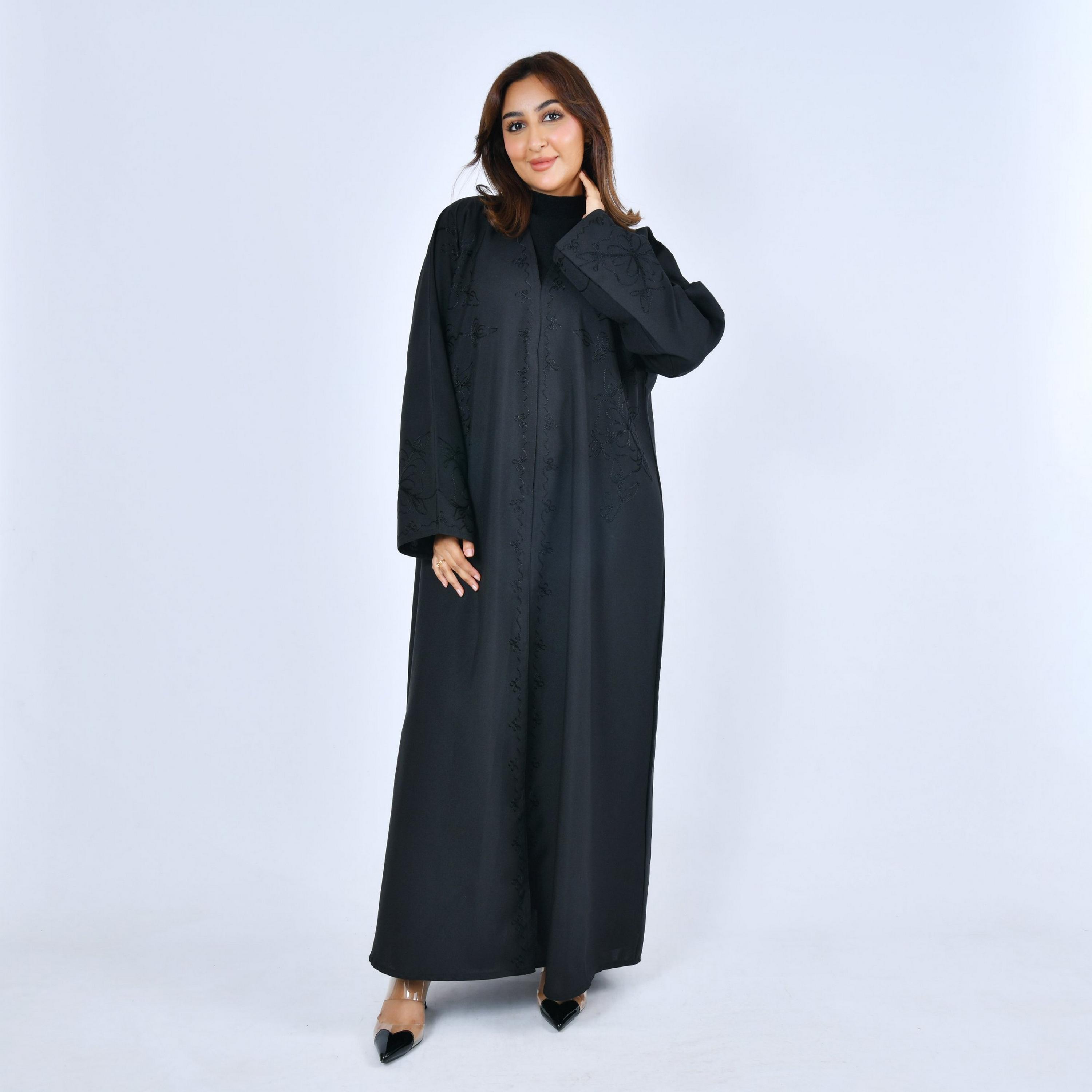 Lamha Black Embroidered Linen Women's Abaya-women-arabicclothing-abayas-image-1