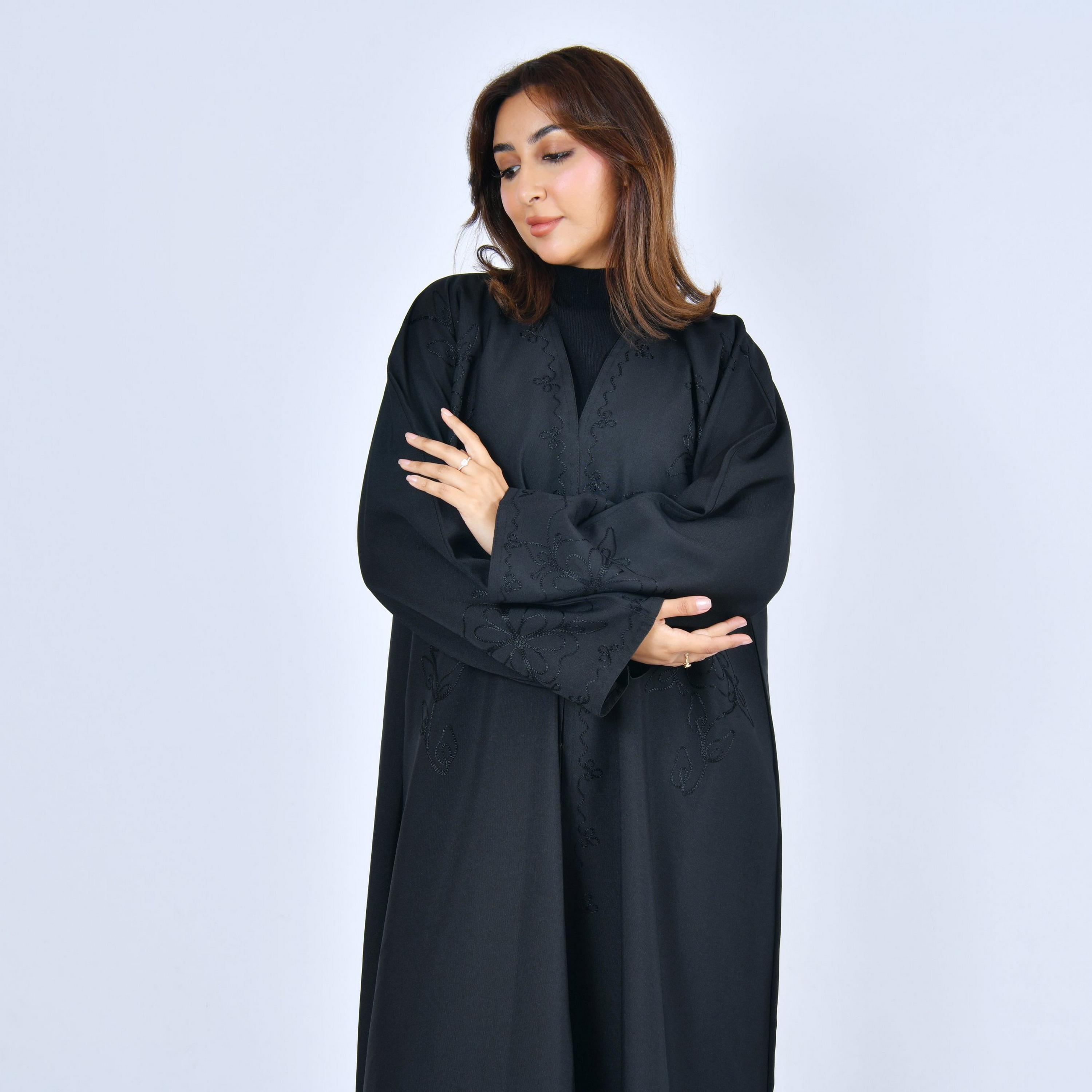 Lamha Black Embroidered Linen Women's Abaya-women-arabicclothing-abayas-image-2