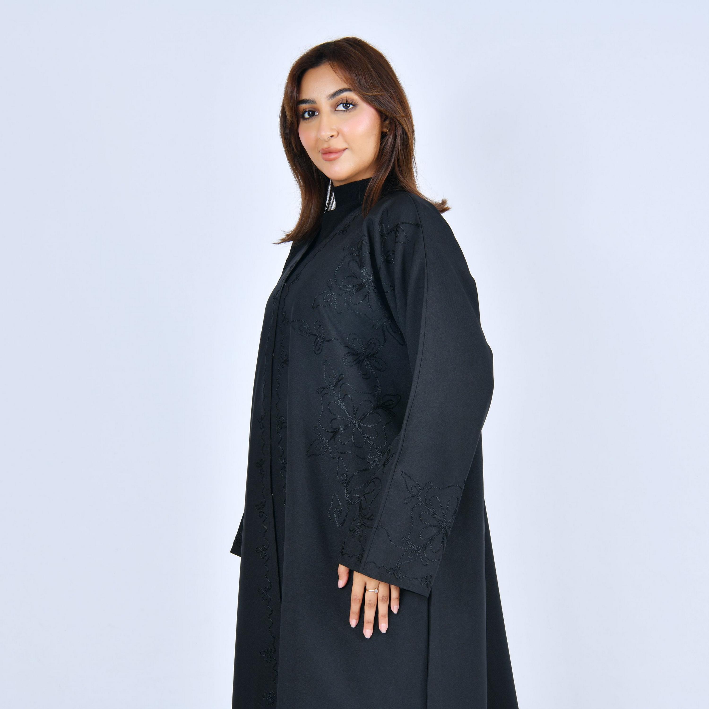 Lamha Black Embroidered Linen Women's Abaya-women-arabicclothing-abayas-image-3