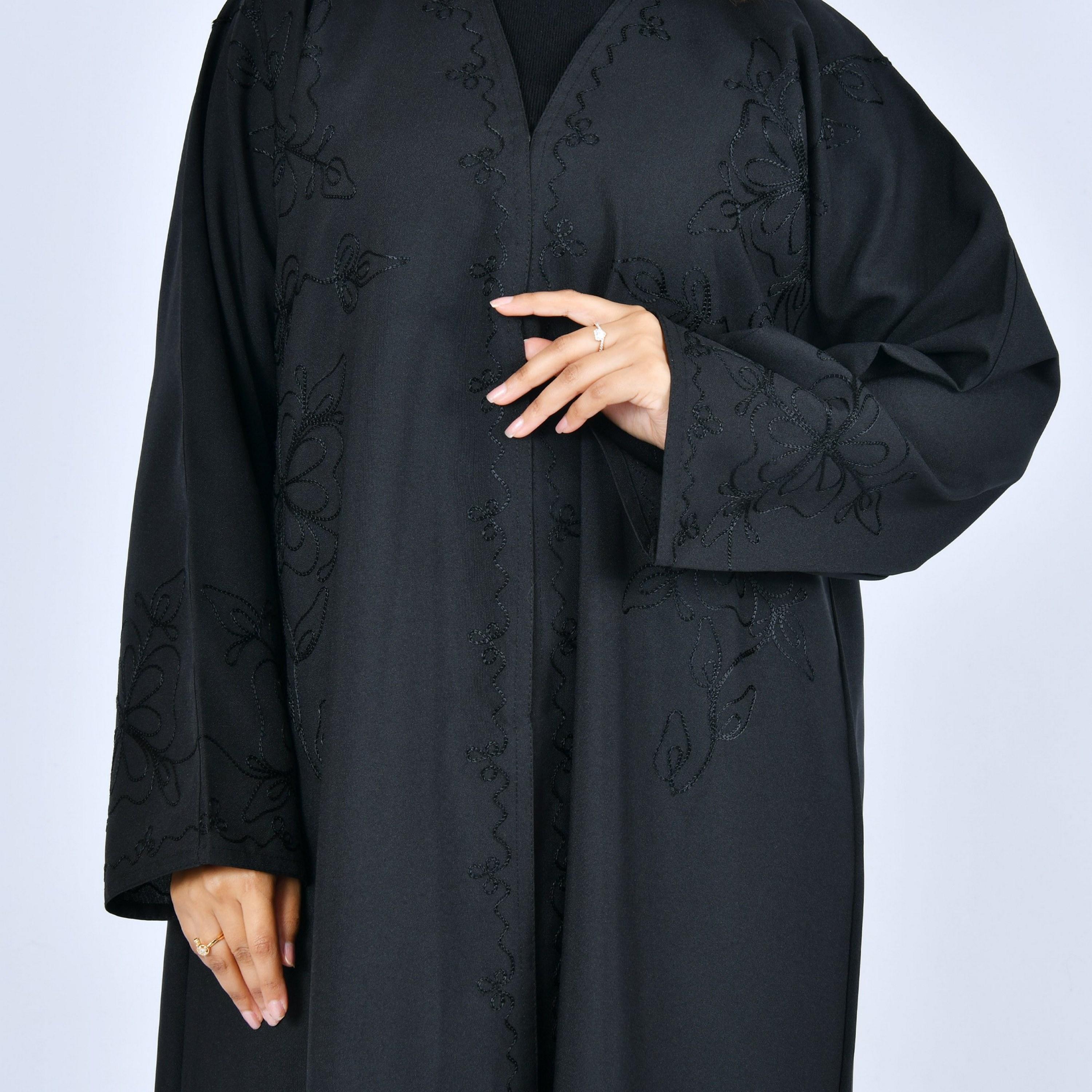 Lamha Black Embroidered Linen Women's Abaya-women-arabicclothing-abayas-image-4