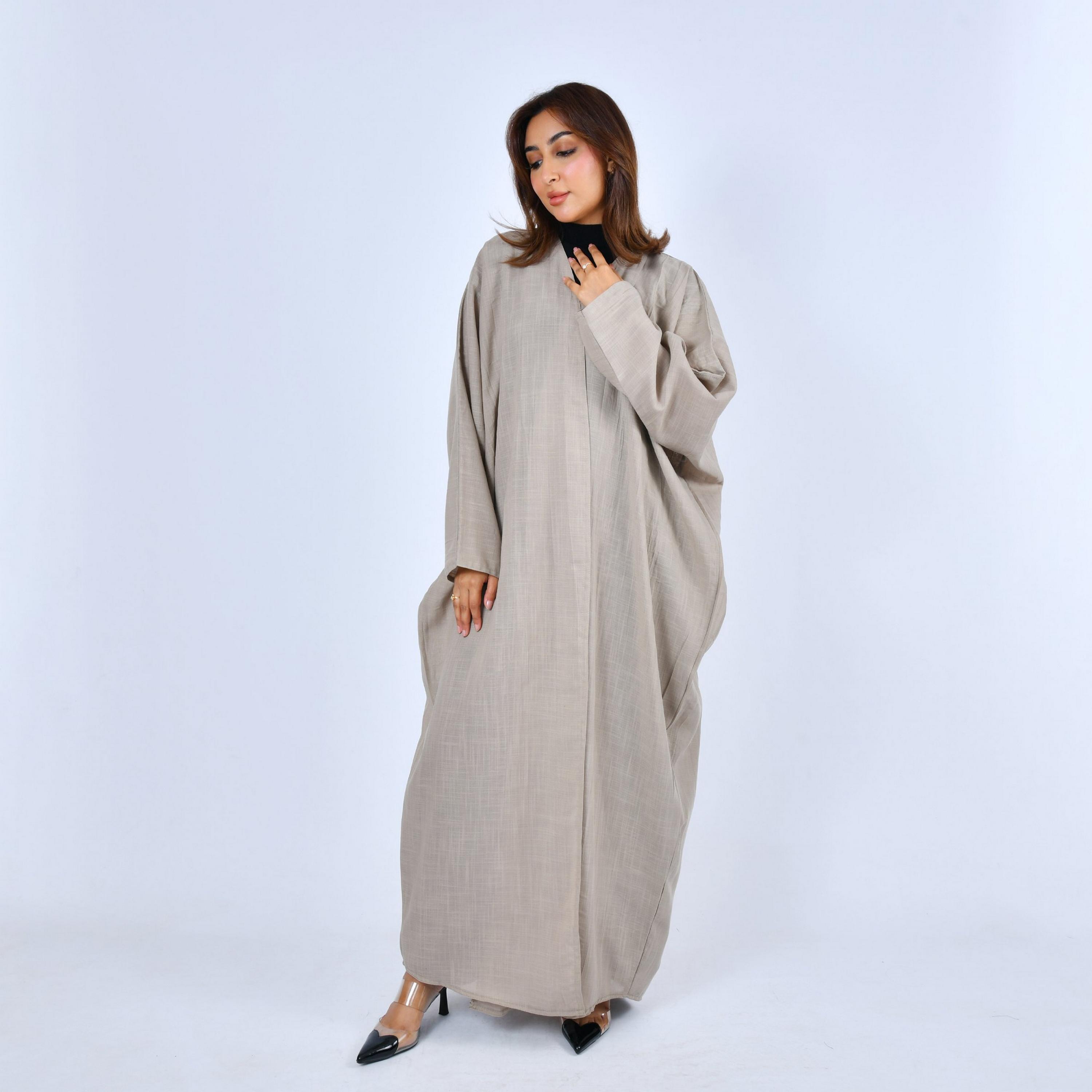 Lamha Beige Linen Women's Quarter Bisht Abaya-women-arabicclothing-abayas-image-1