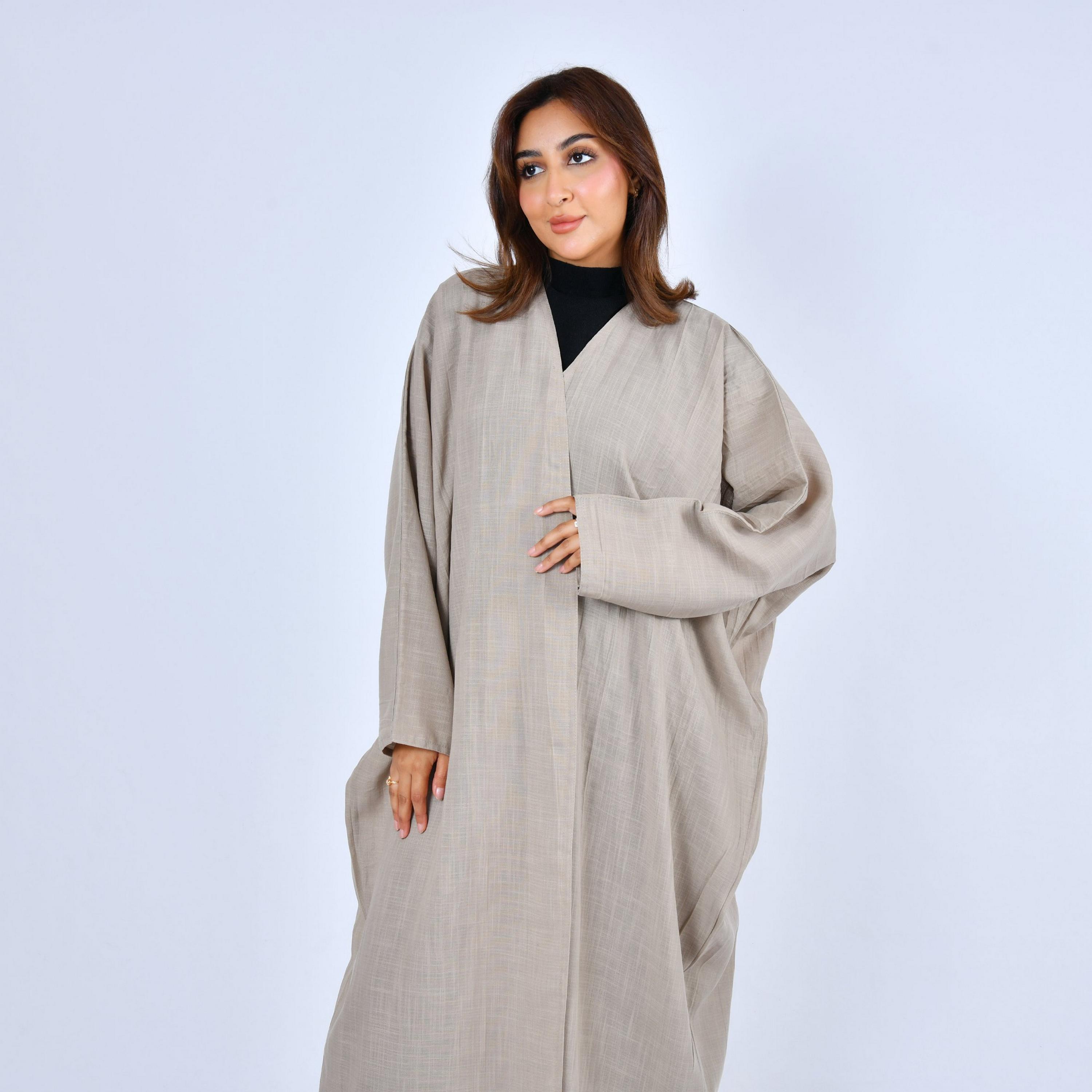 Lamha Beige Linen Women's Quarter Bisht Abaya-women-arabicclothing-abayas-image-2