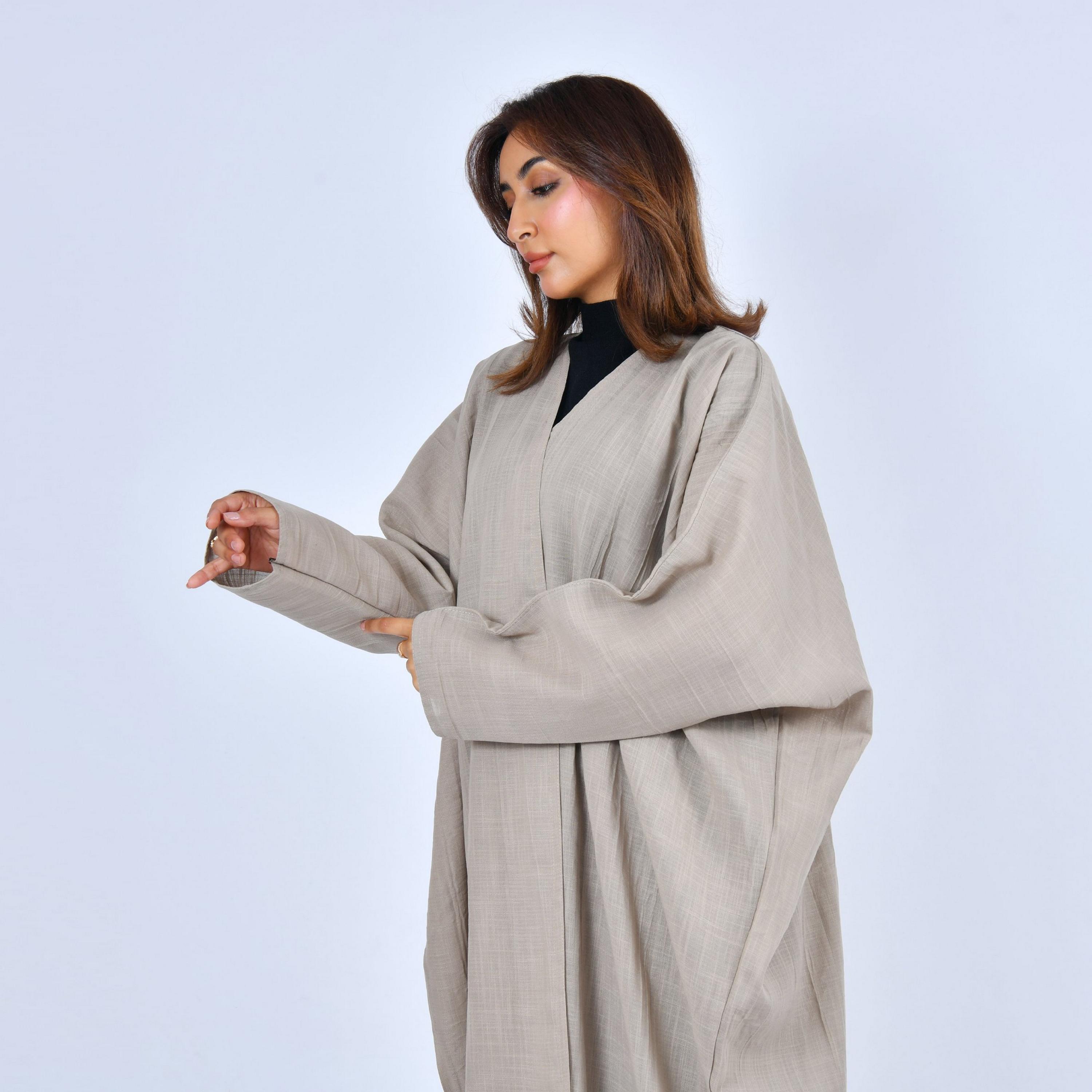 Lamha Beige Linen Women's Quarter Bisht Abaya-women-arabicclothing-abayas-image-3