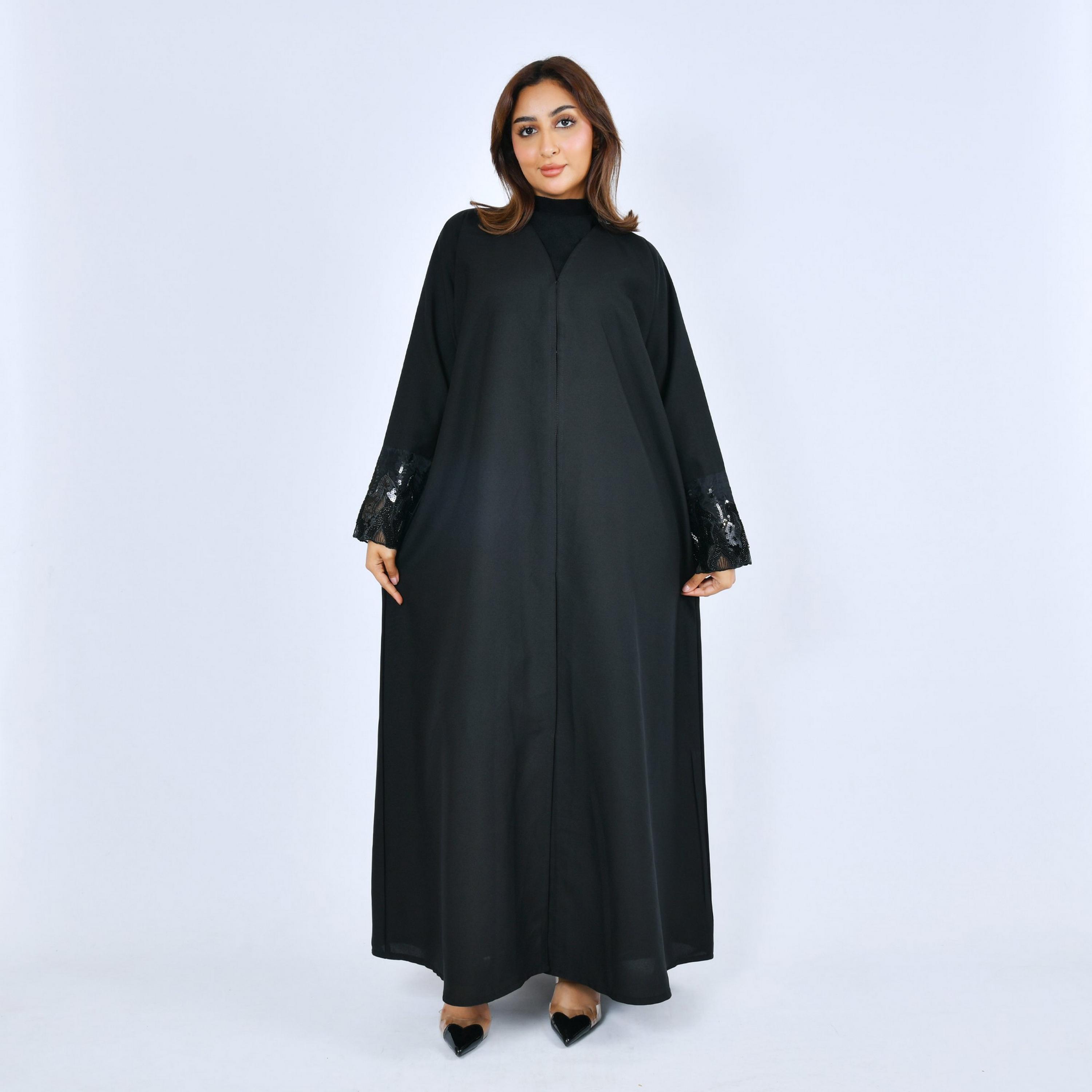 Lamha Black Beaded Cuff Sleeves Linen Women's Abaya-women-arabicclothing-abayas-image-1