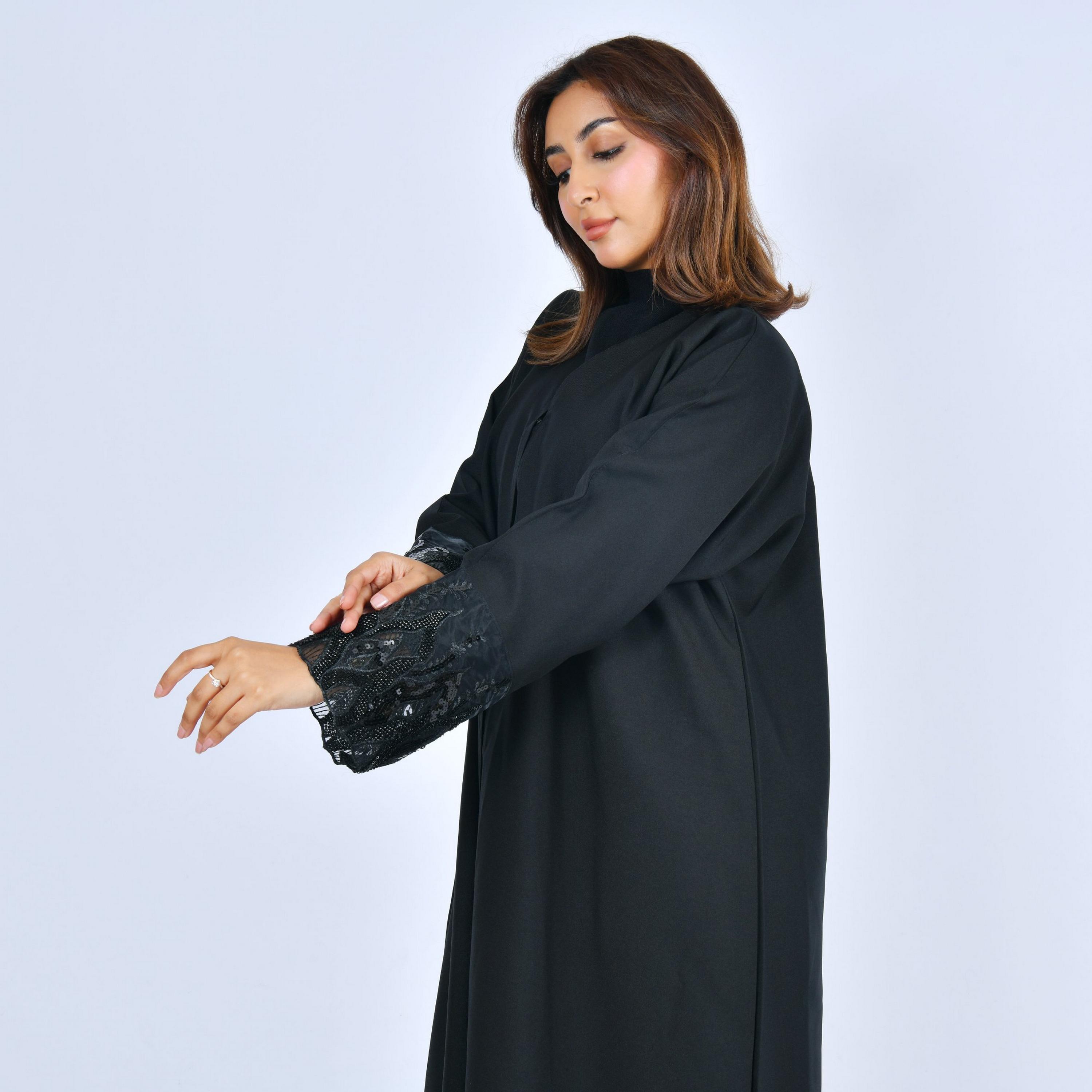 Lamha Black Beaded Cuff Sleeves Linen Women's Abaya-women-arabicclothing-abayas-image-2