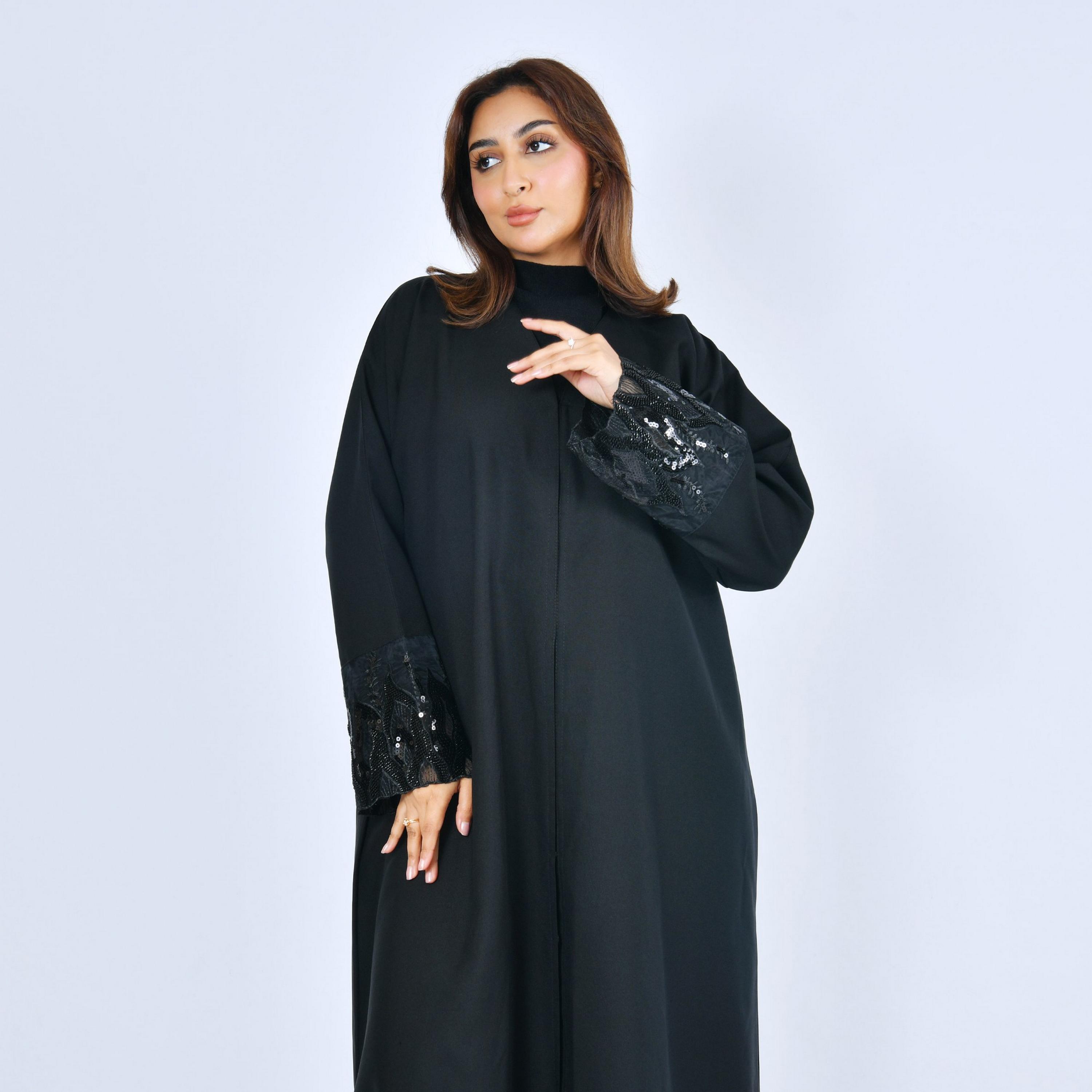 Lamha Black Beaded Cuff Sleeves Linen Women's Abaya-women-arabicclothing-abayas-image-3