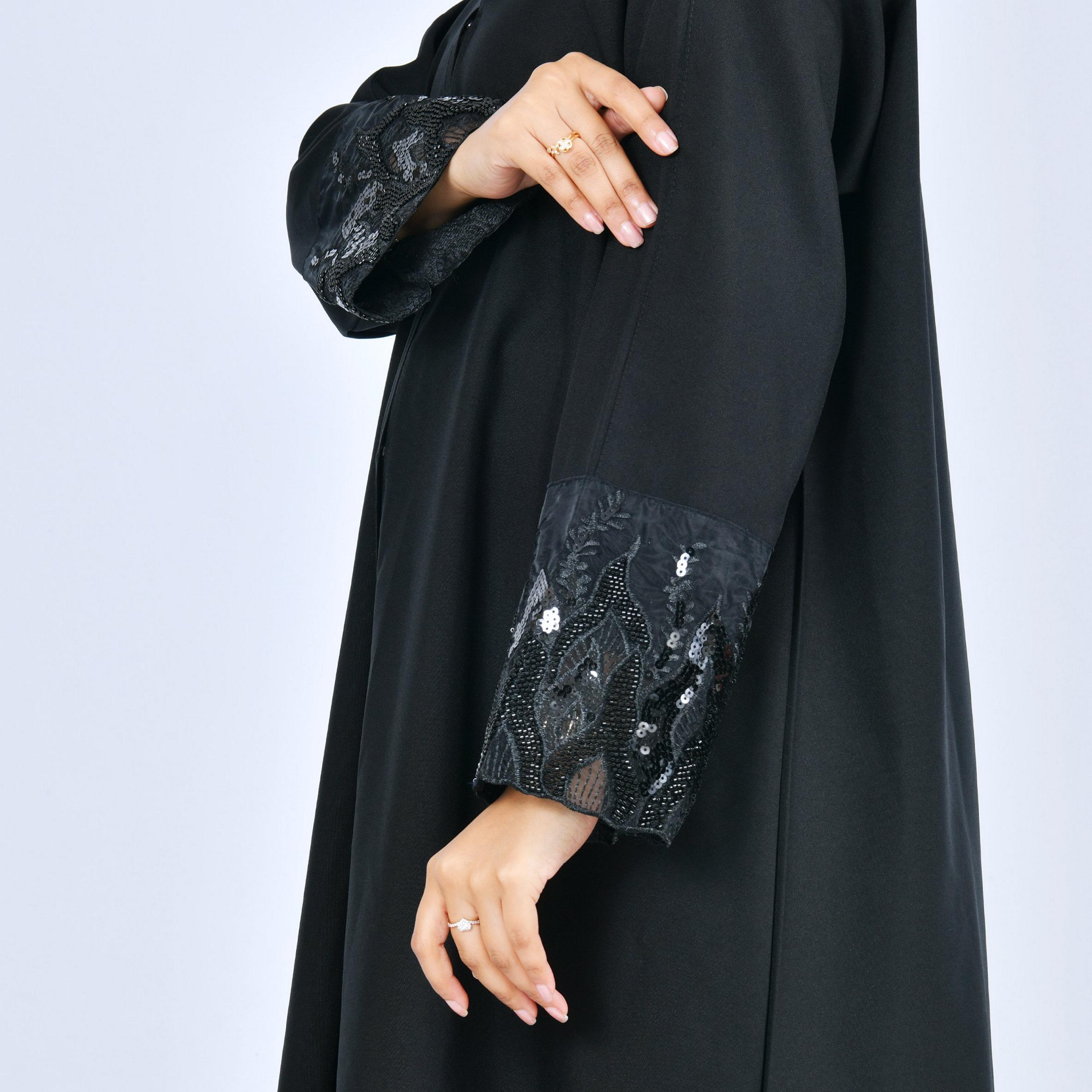 Lamha Black Beaded Cuff Sleeves Linen Women's Abaya-women-arabicclothing-abayas-image-4