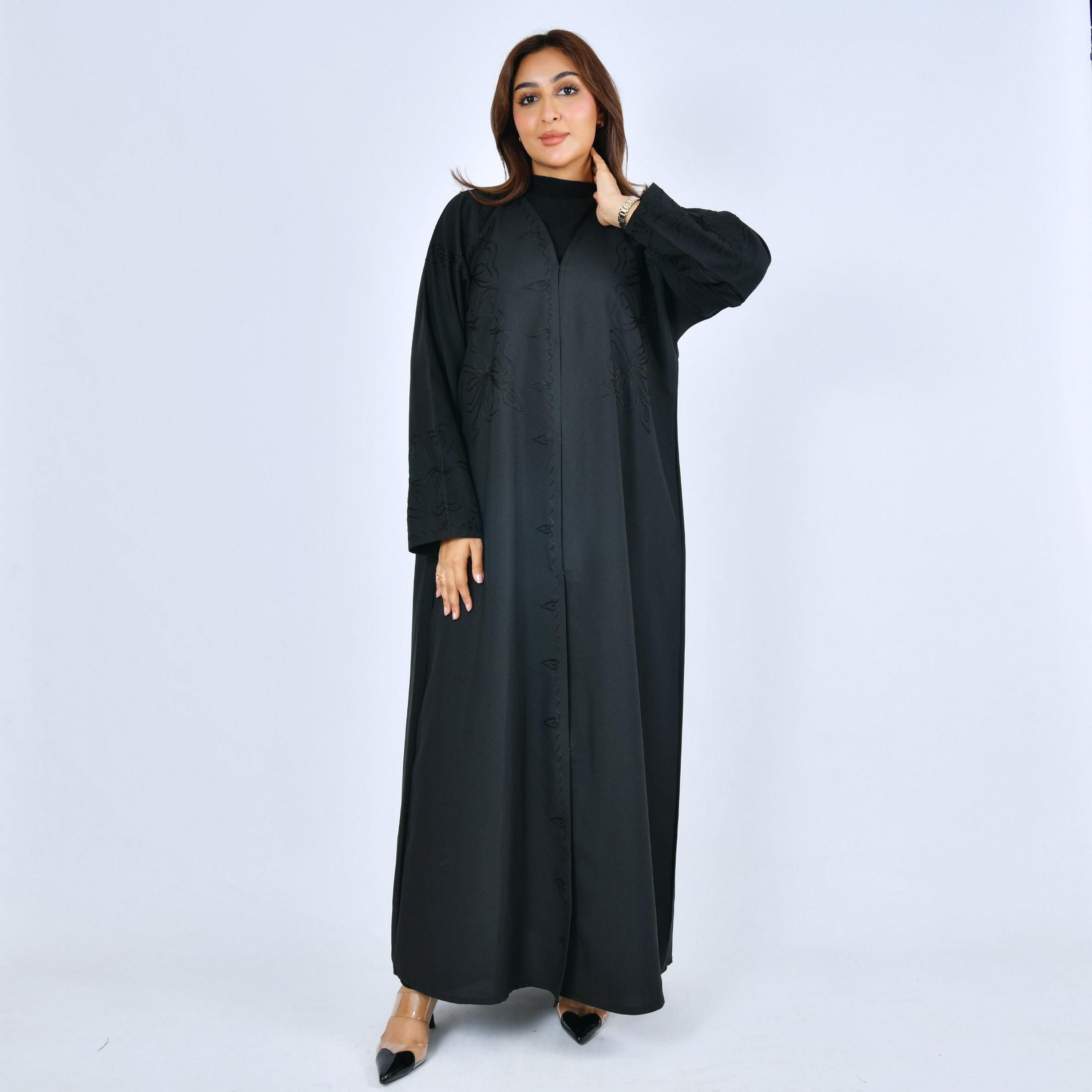 Lamha Black Embroidered Linen Women's Abaya-women-arabicclothing-abayas-image-1