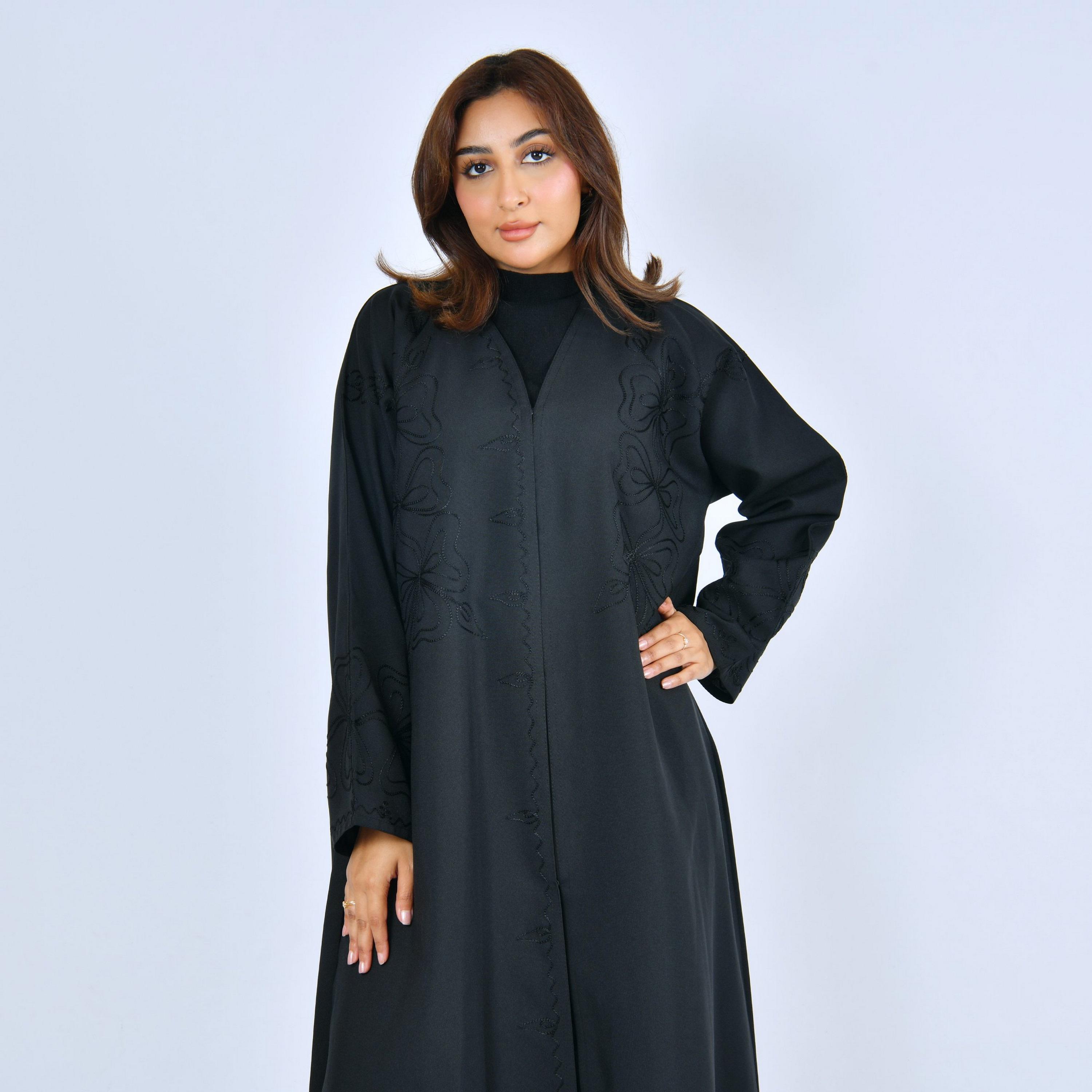 Lamha Black Embroidered Linen Women's Abaya-women-arabicclothing-abayas-image-2