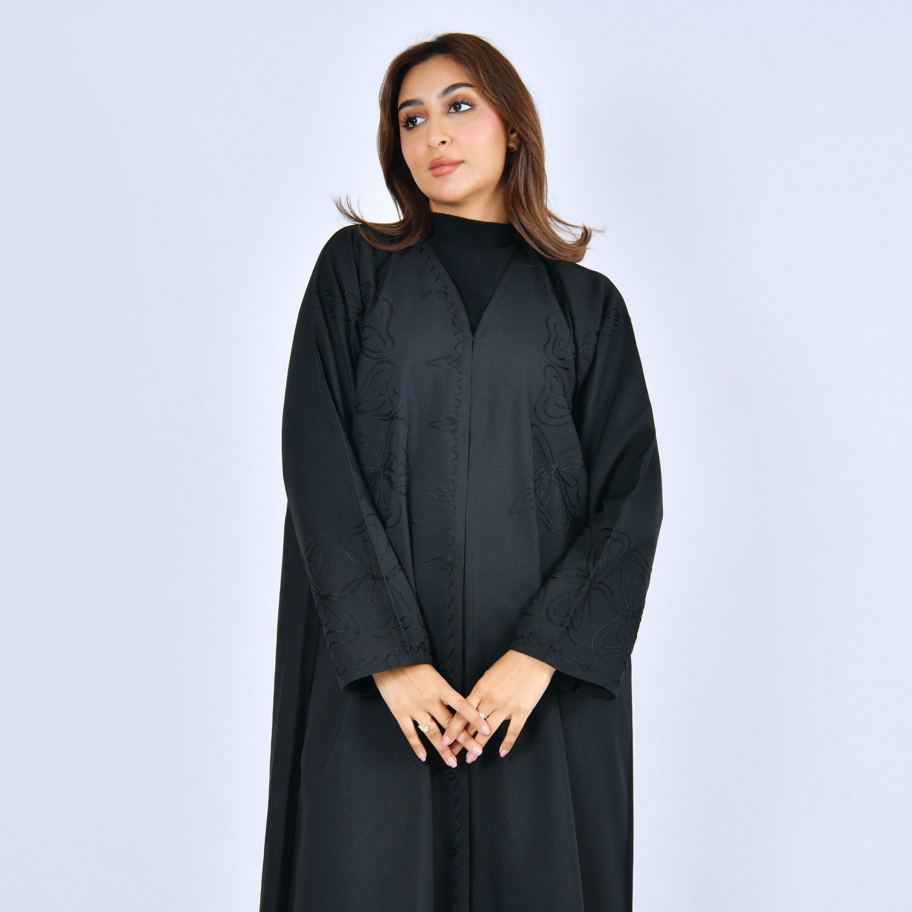 Lamha Black Embroidered Linen Women's Abaya-women-arabicclothing-abayas-image-3