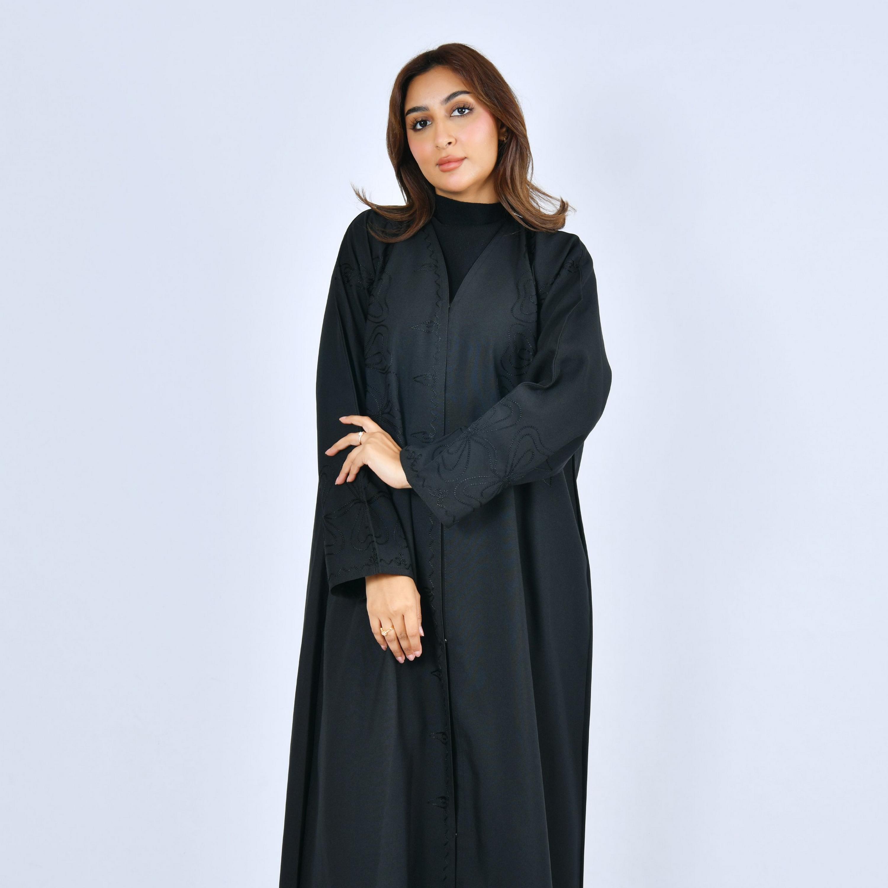 Lamha Black Embroidered Linen Women's Abaya-women-arabicclothing-abayas-image-4