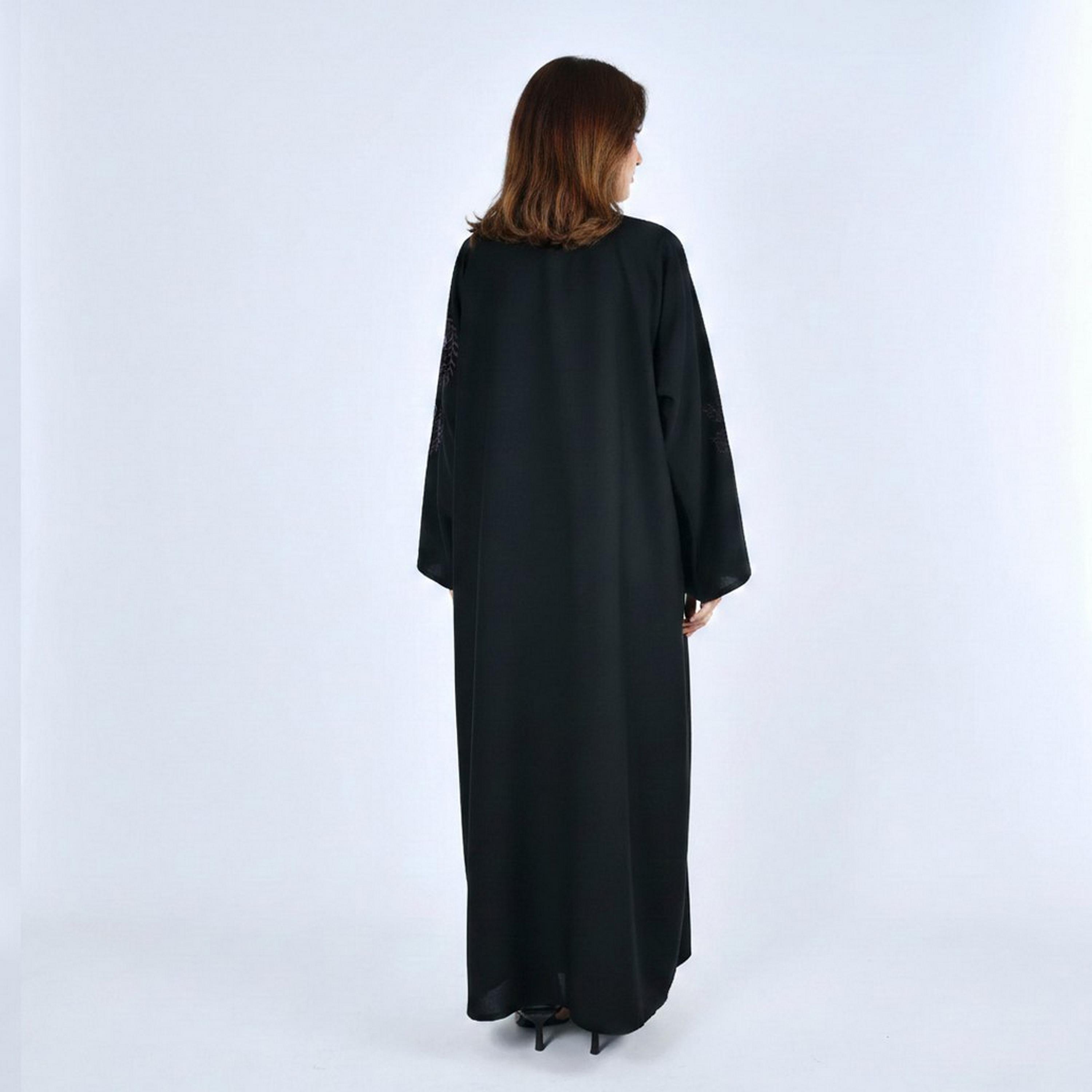 عباية كتان بأكمام واسعة مطرزة نسائية - أسود من لمحة-women-arabicclothing-abayas-image-5