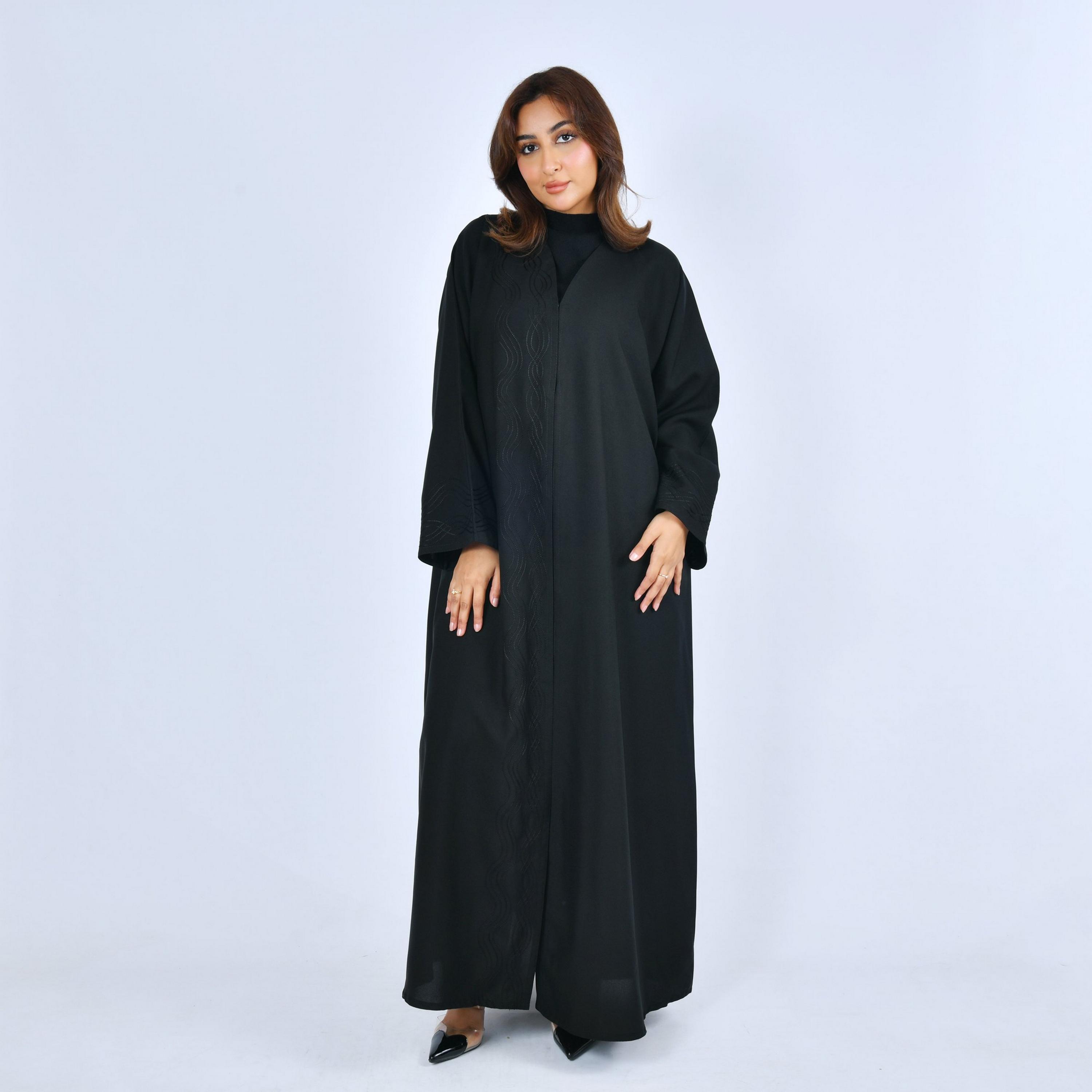 Lamha Black Wave Embroidered Wide Sleeves Linen Women's Abaya-women-arabicclothing-abayas-image-1