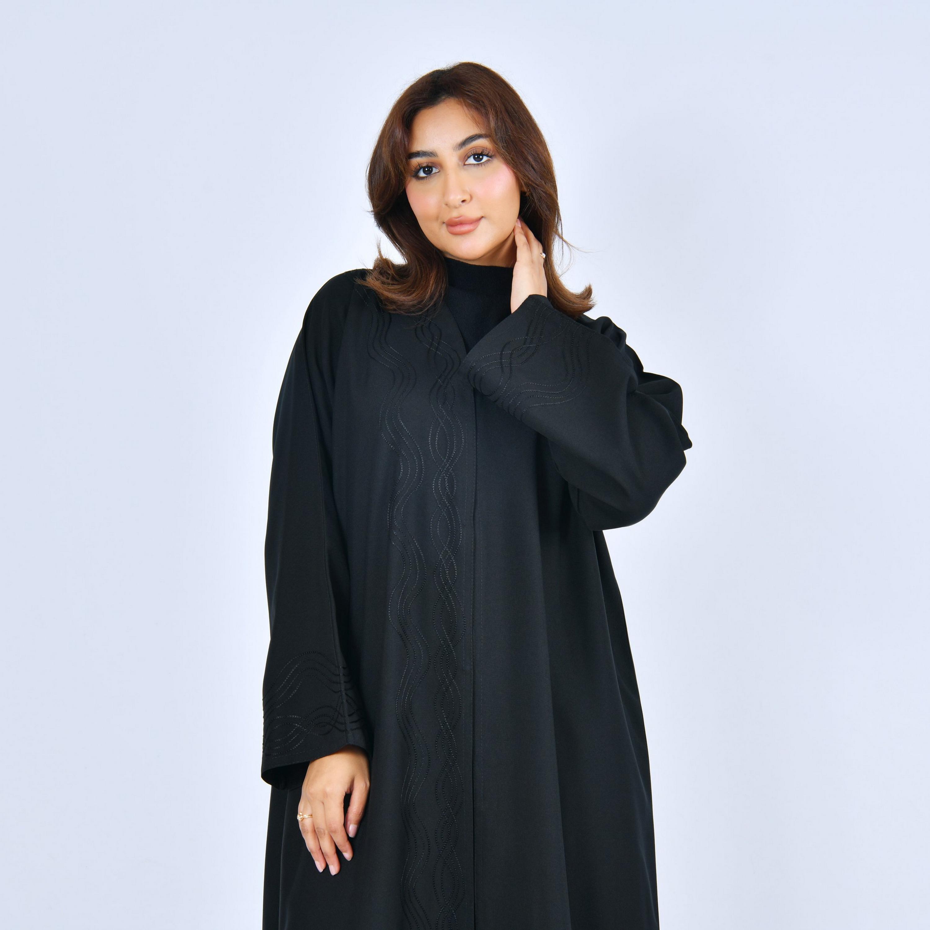 Lamha Black Wave Embroidered Wide Sleeves Linen Women's Abaya-women-arabicclothing-abayas-image-2