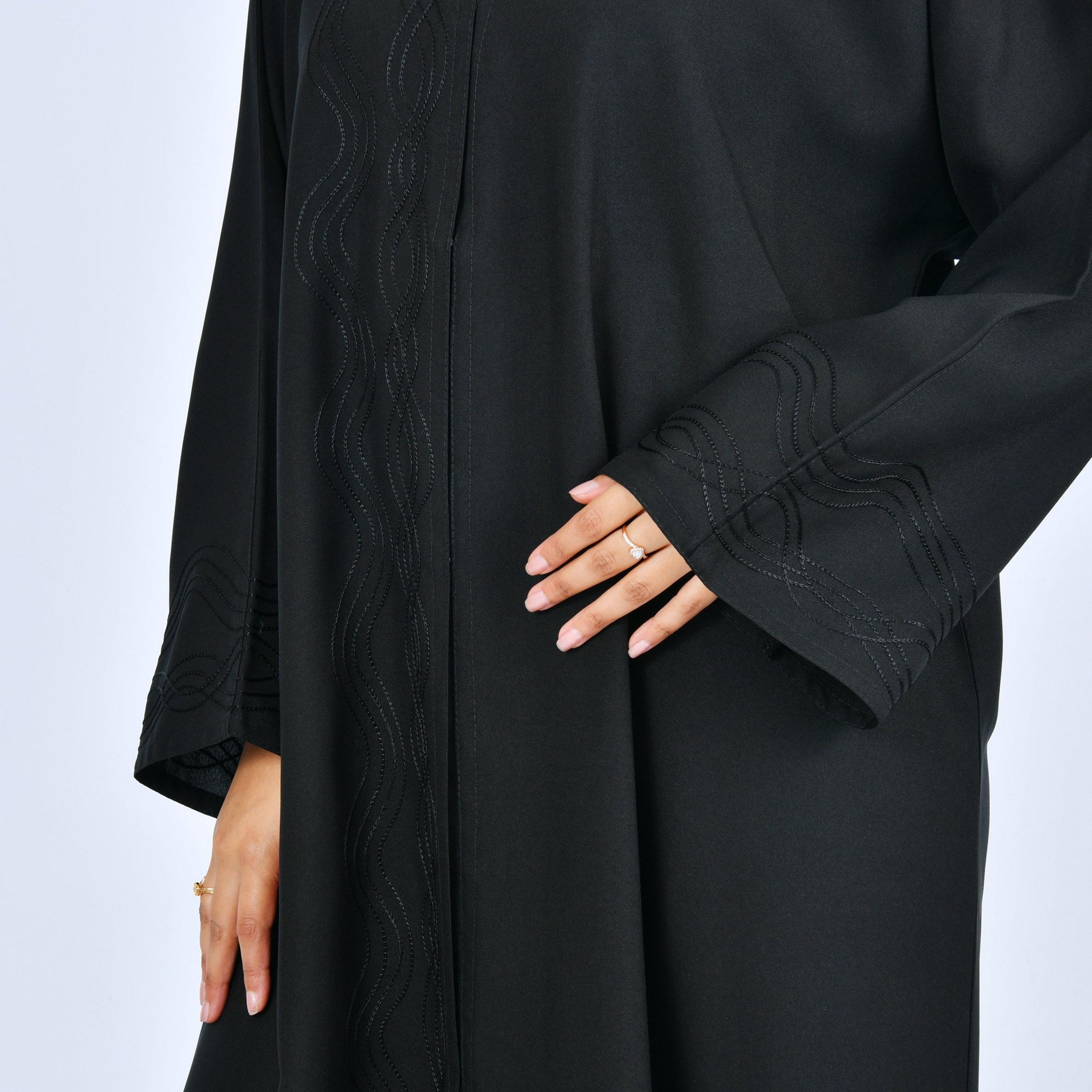 Lamha Black Wave Embroidered Wide Sleeves Linen Women's Abaya-women-arabicclothing-abayas-image-3