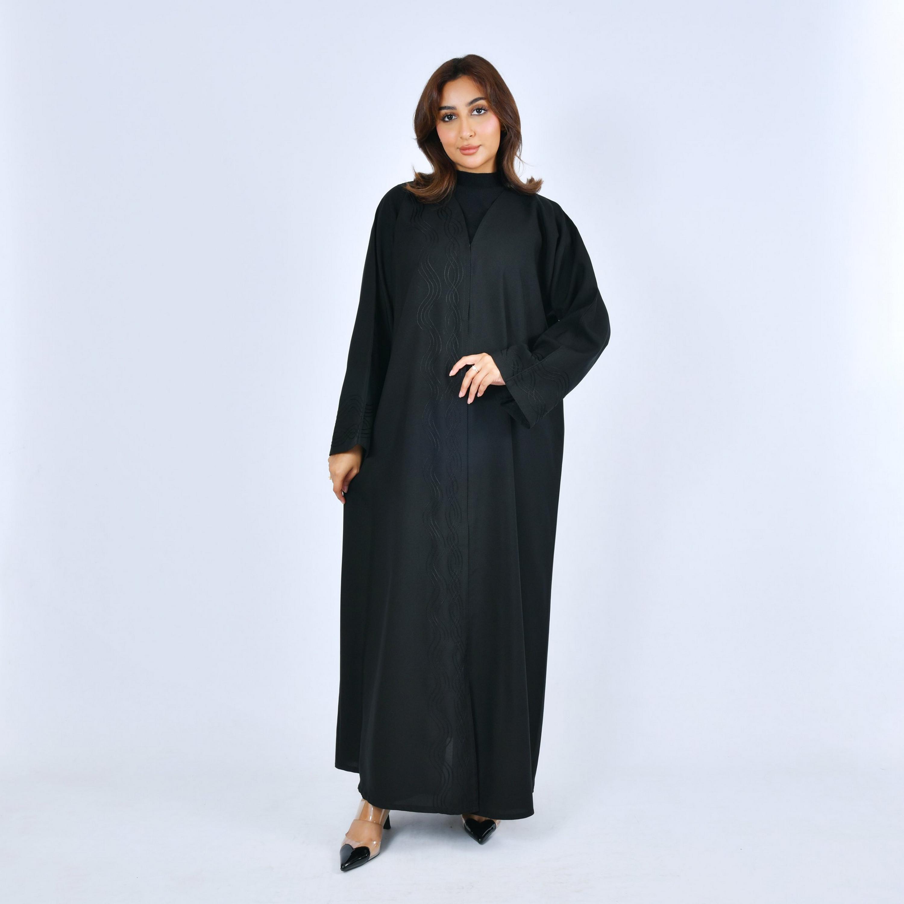 Lamha Black Wave Embroidered Wide Sleeves Linen Women's Abaya-women-arabicclothing-abayas-image-4