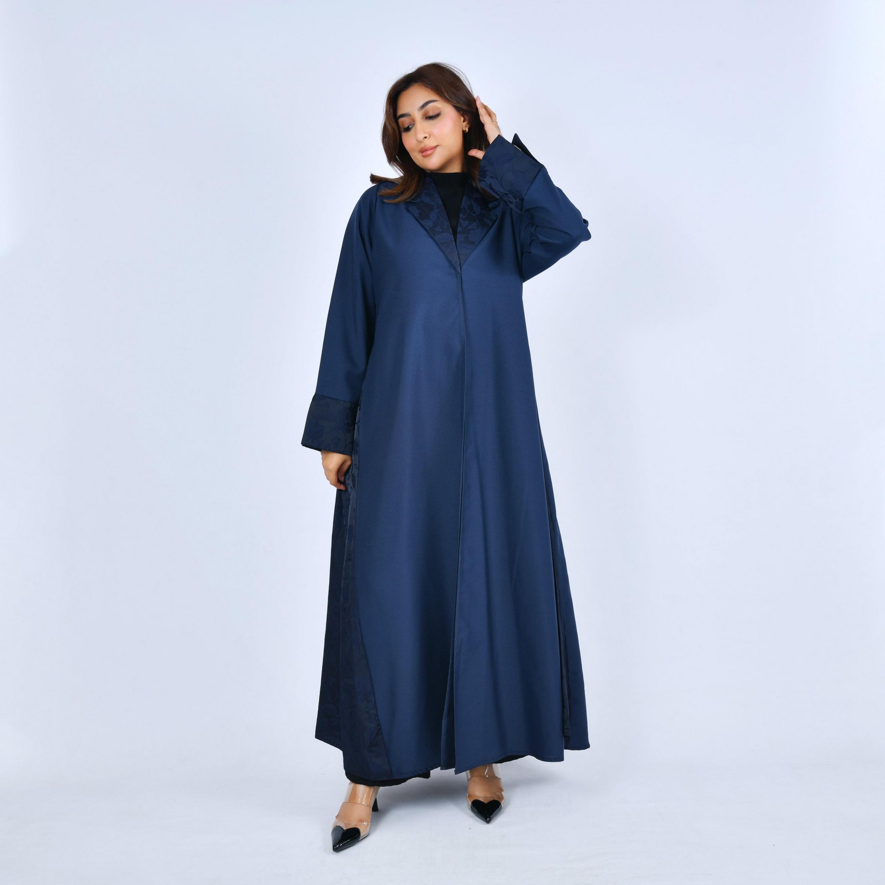 Lamha Navy Blue Lapel Collar Linen Women's Flowy Cut Abaya-women-arabicclothing-abayas-image-1