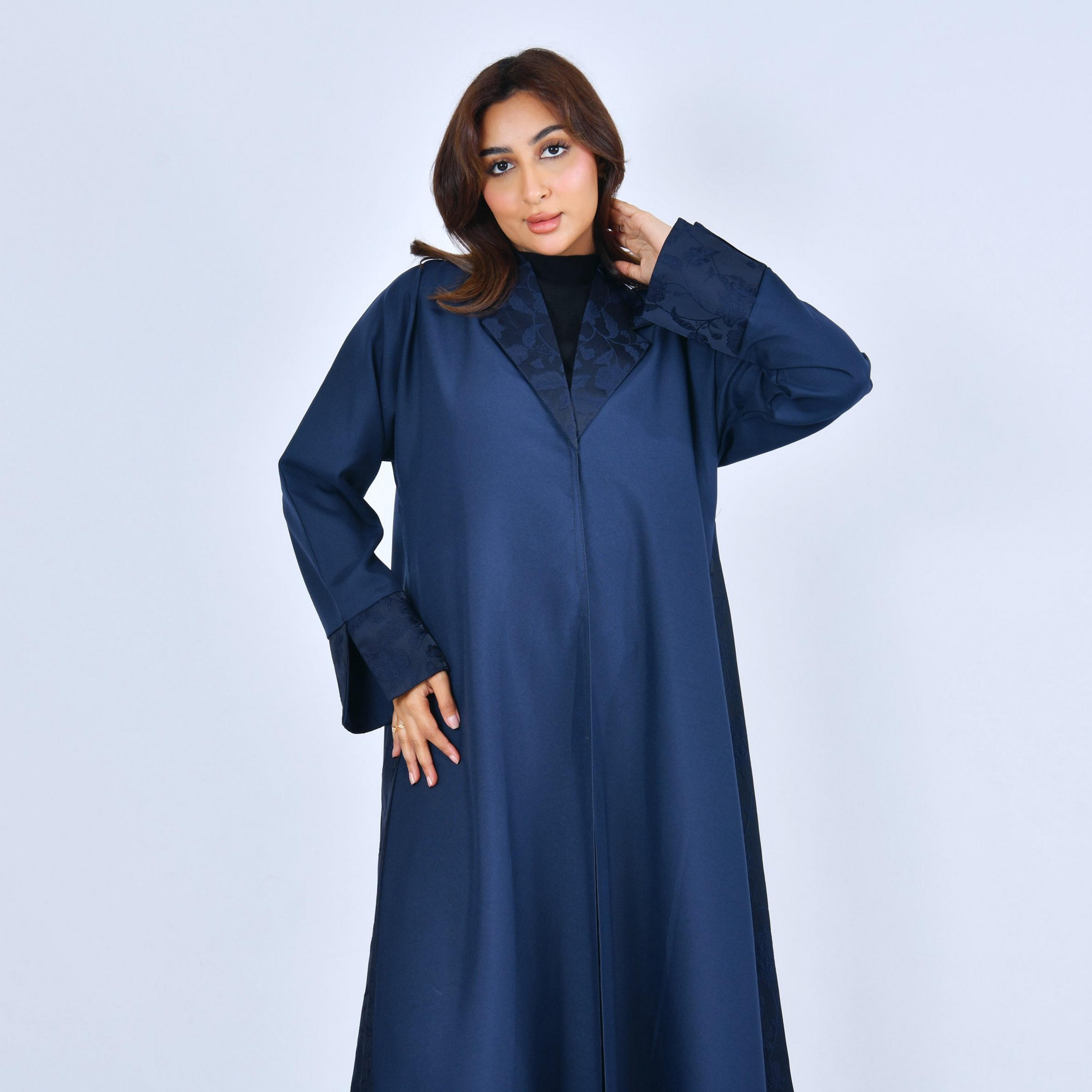 Lamha Navy Blue Lapel Collar Linen Women's Flowy Cut Abaya-women-arabicclothing-abayas-image-2