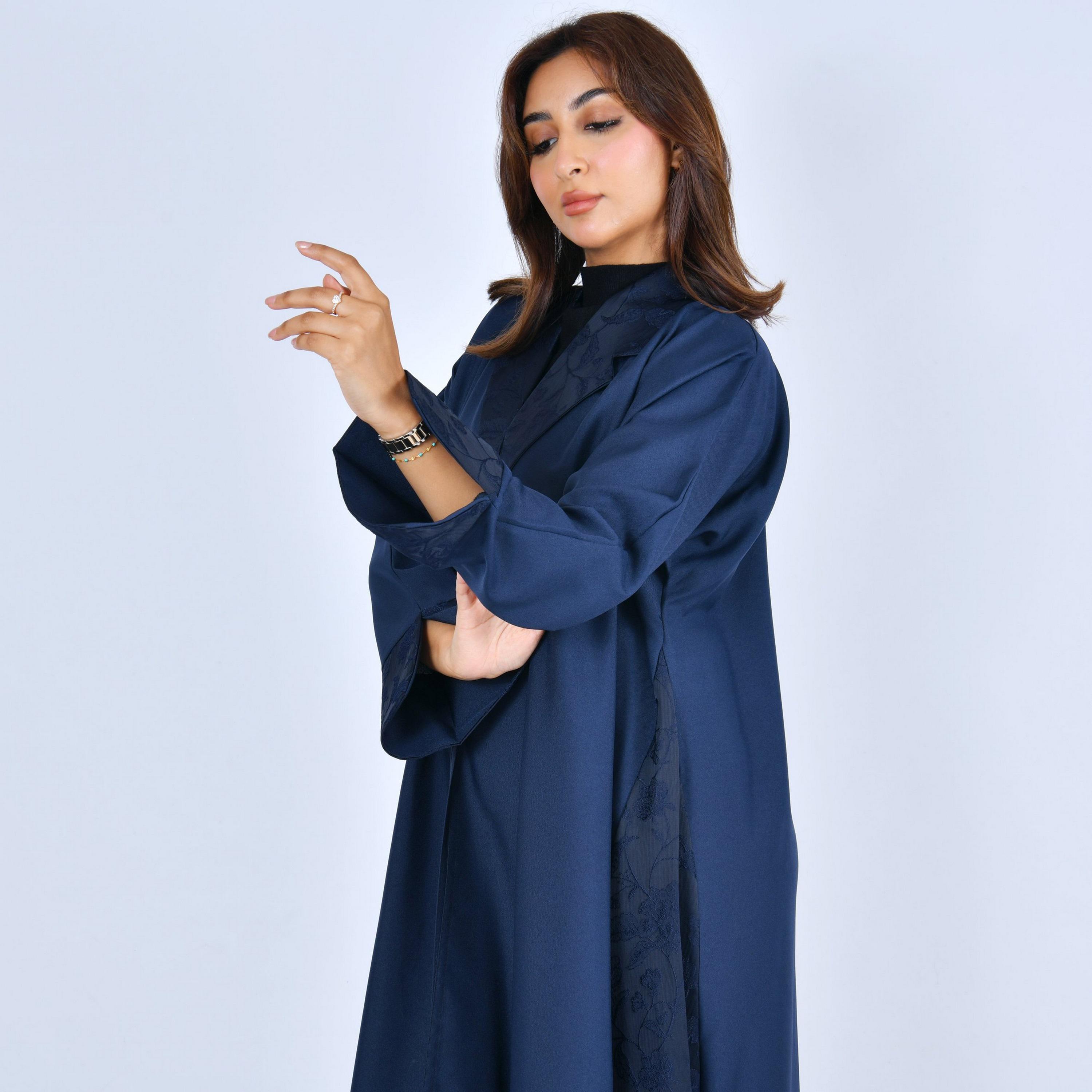 Lamha Navy Blue Lapel Collar Linen Women's Flowy Cut Abaya-women-arabicclothing-abayas-image-3