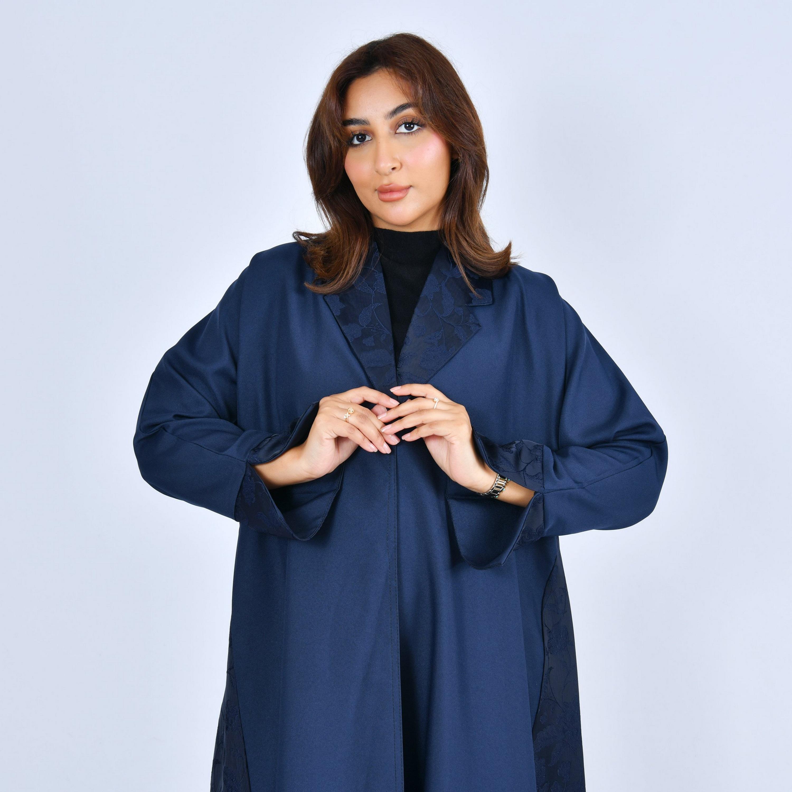 Lamha Navy Blue Lapel Collar Linen Women's Flowy Cut Abaya-women-arabicclothing-abayas-image-4
