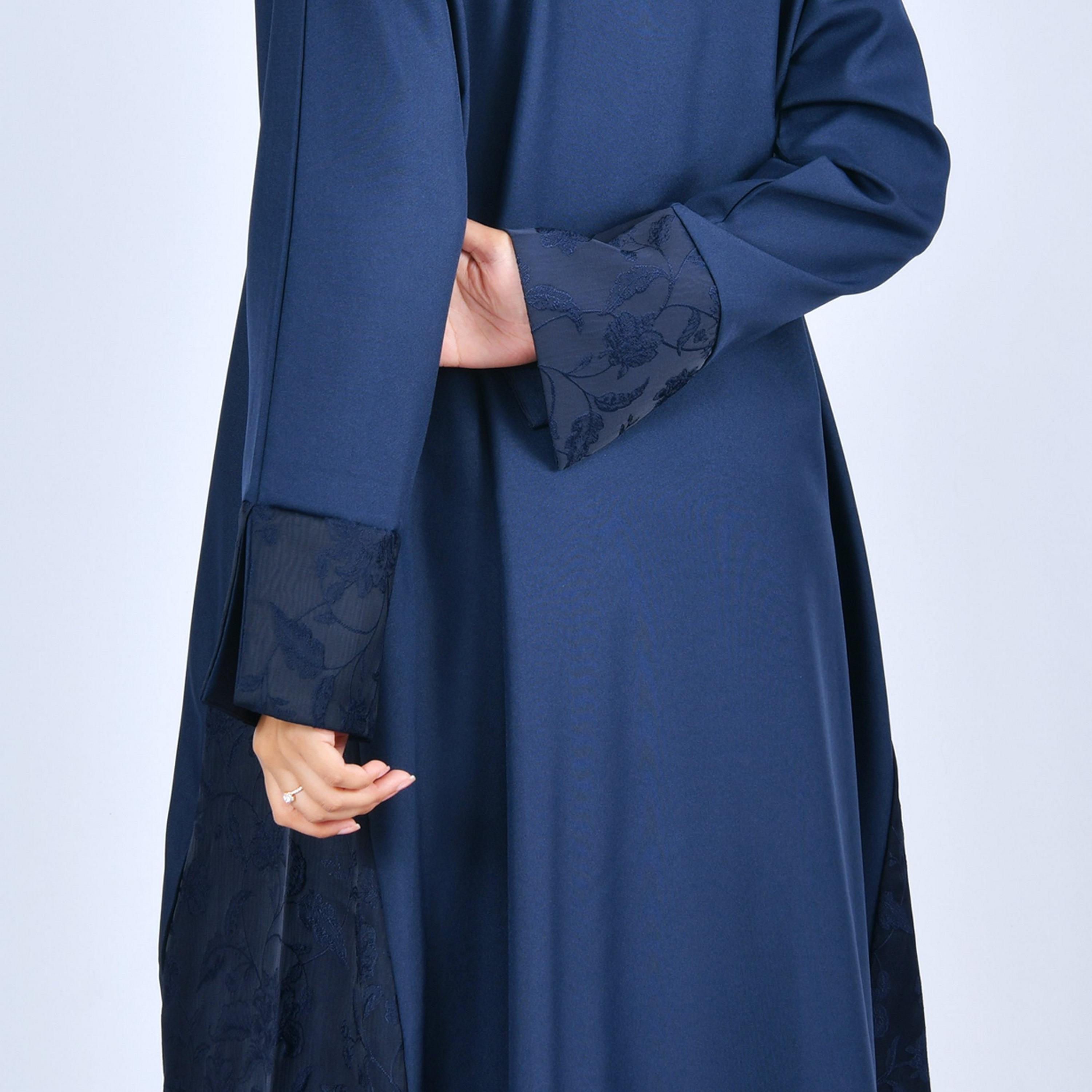 Lamha Navy Blue Lapel Collar Linen Women's Flowy Cut Abaya-women-arabicclothing-abayas-image-5