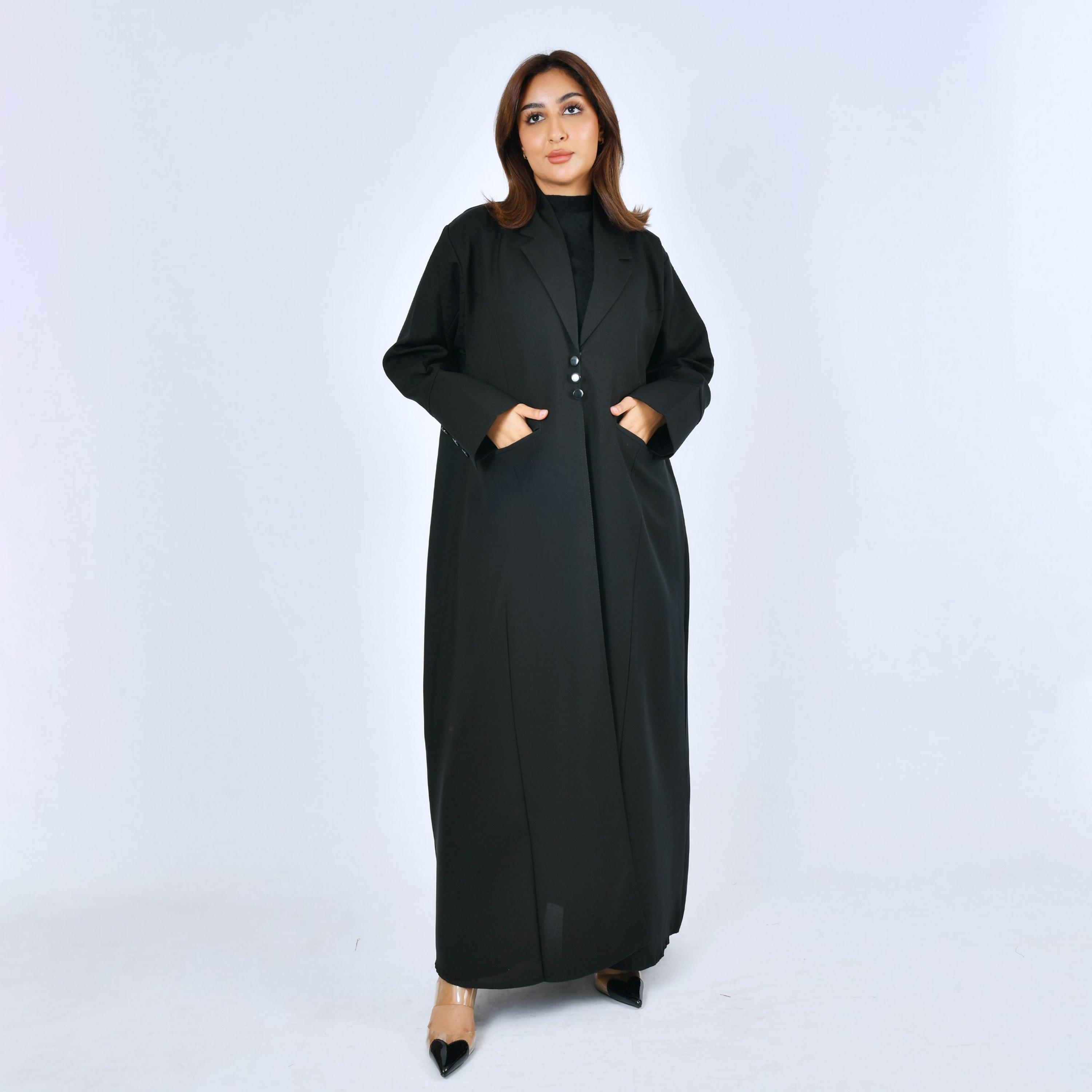 Lamha Black Lapel Collar Linen Women's Formal Blazer Style Abaya-women-arabicclothing-abayas-image-1