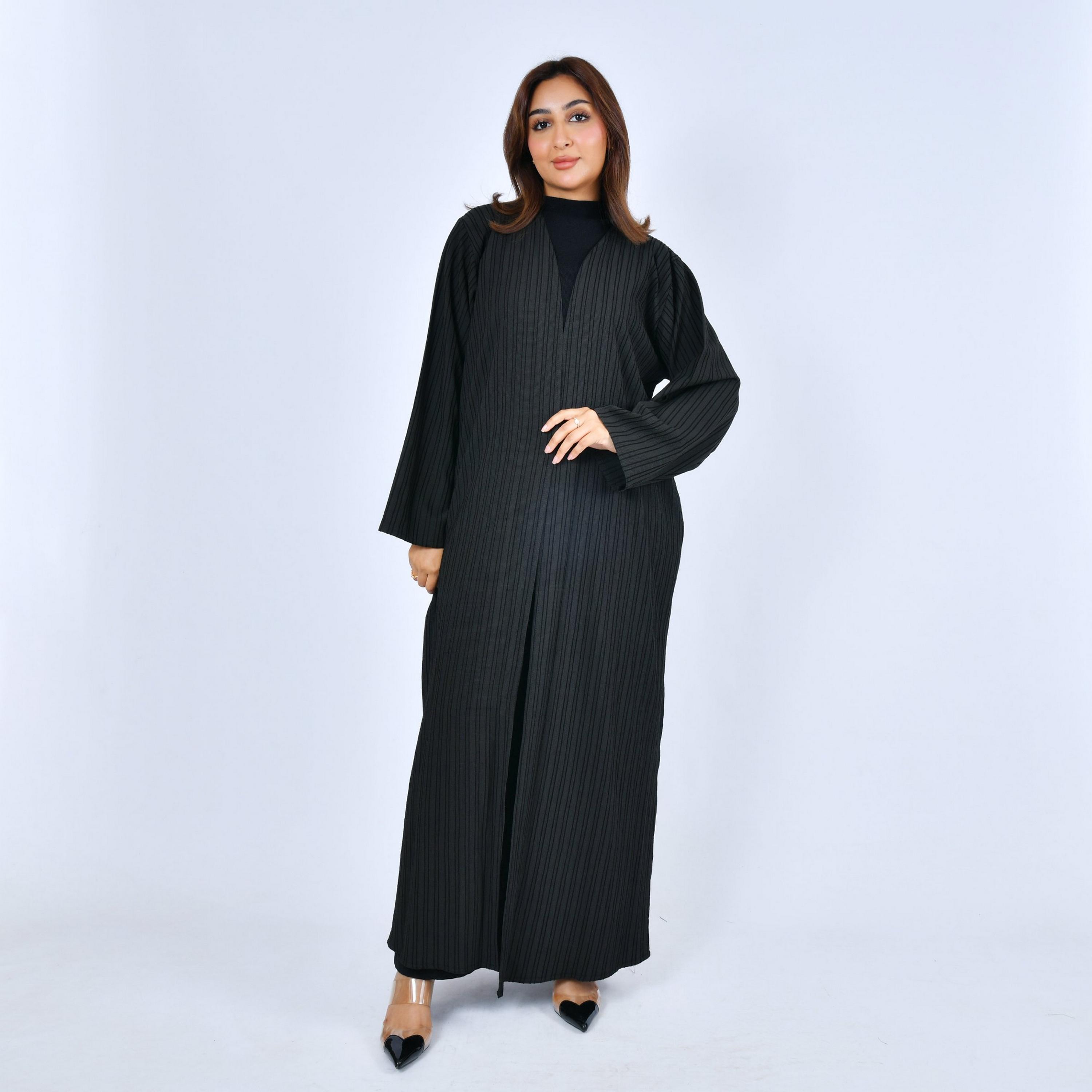 Lamha Black Textured Linen Women's Abaya-women-arabicclothing-abayas-image-1