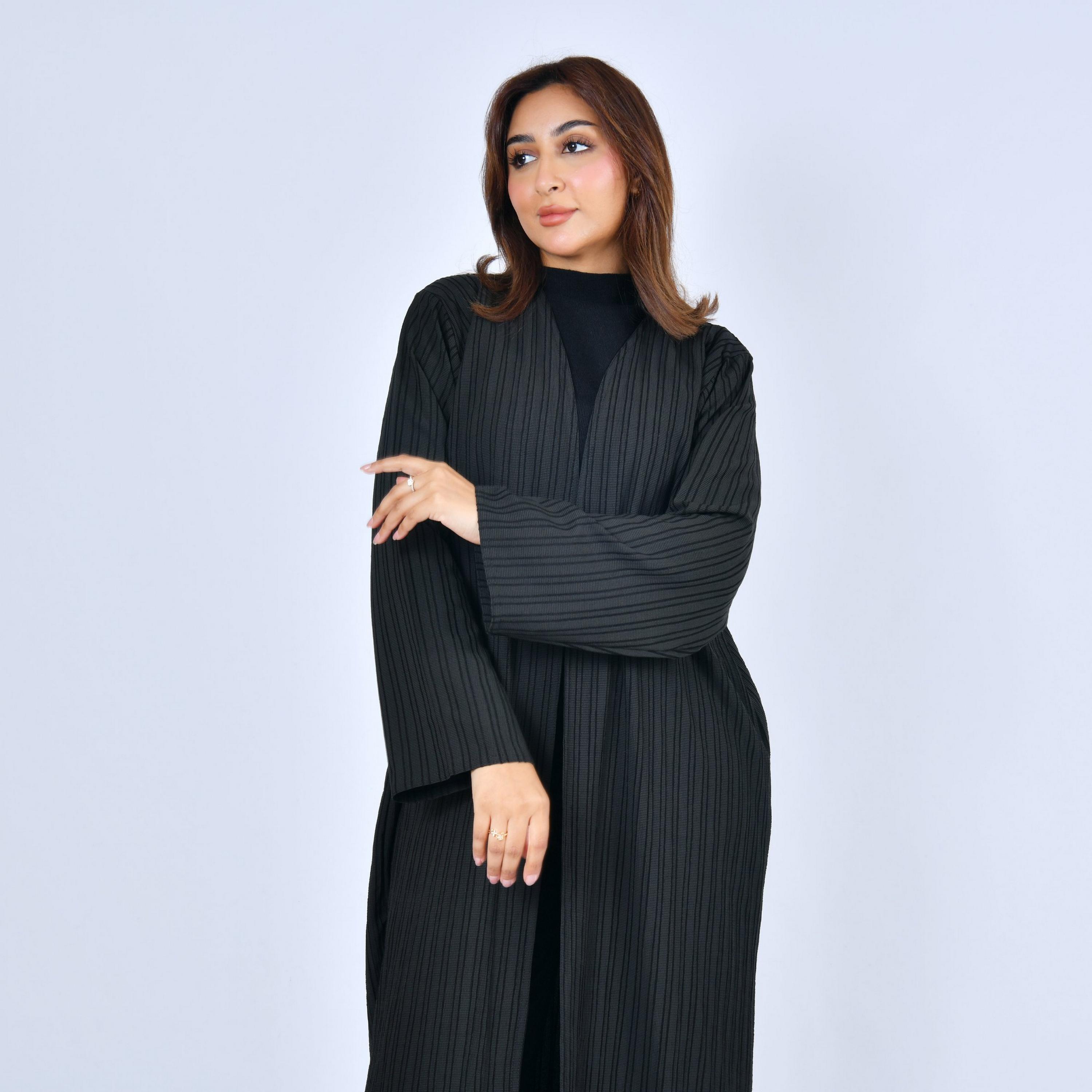 Lamha Black Textured Linen Women's Abaya-women-arabicclothing-abayas-image-2