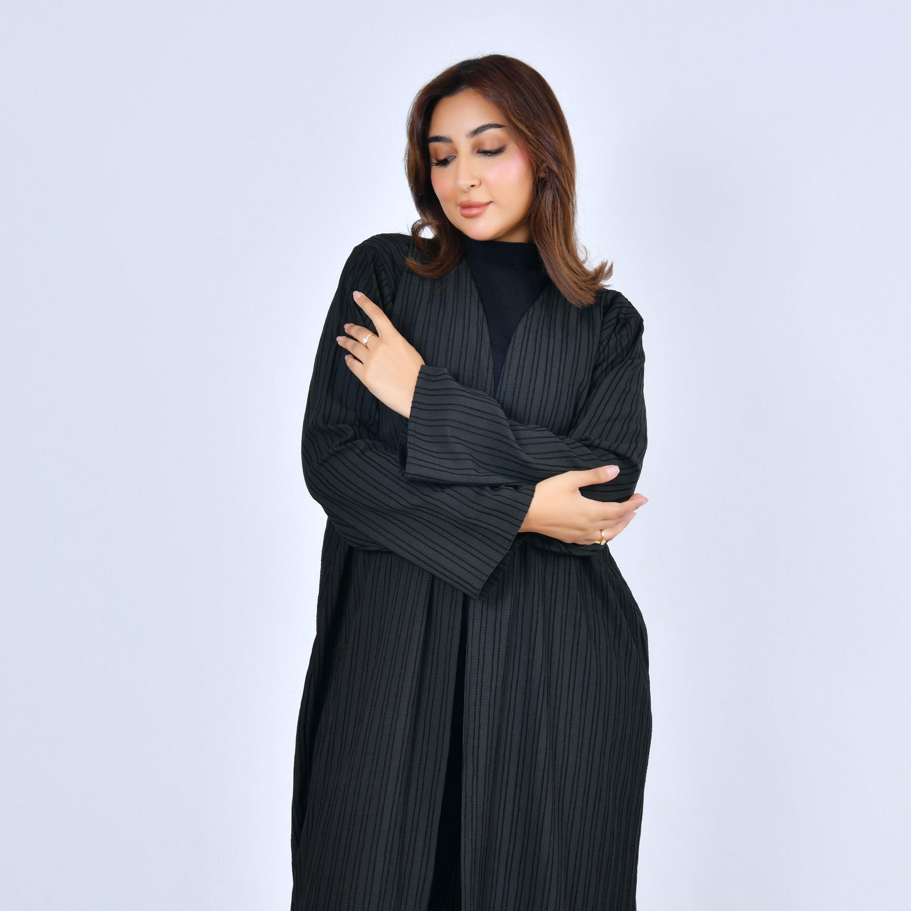 Lamha Black Textured Linen Women's Abaya-women-arabicclothing-abayas-image-3