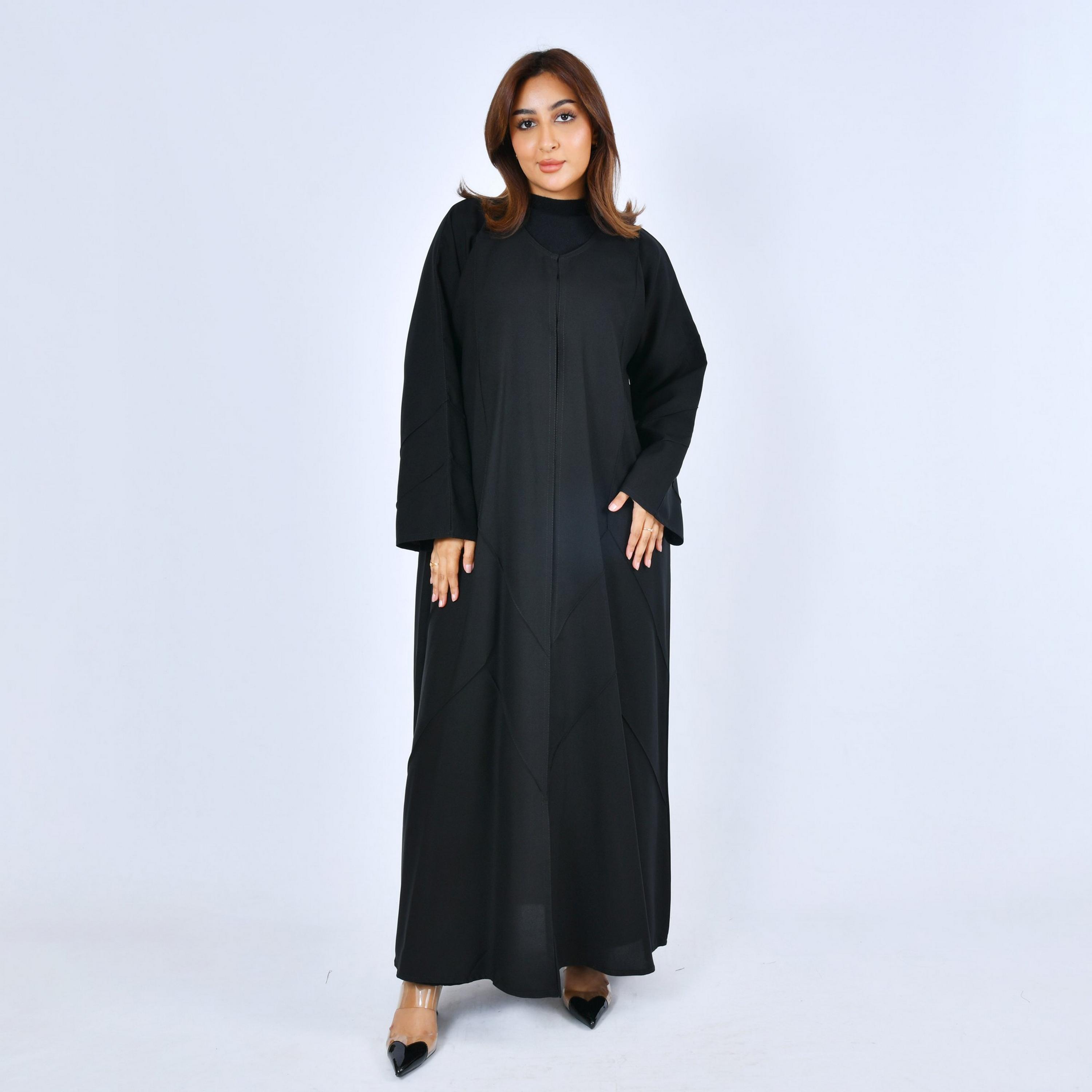 Lamha Black Pintuck Linen Women's Abaya-women-arabicclothing-abayas-image-1