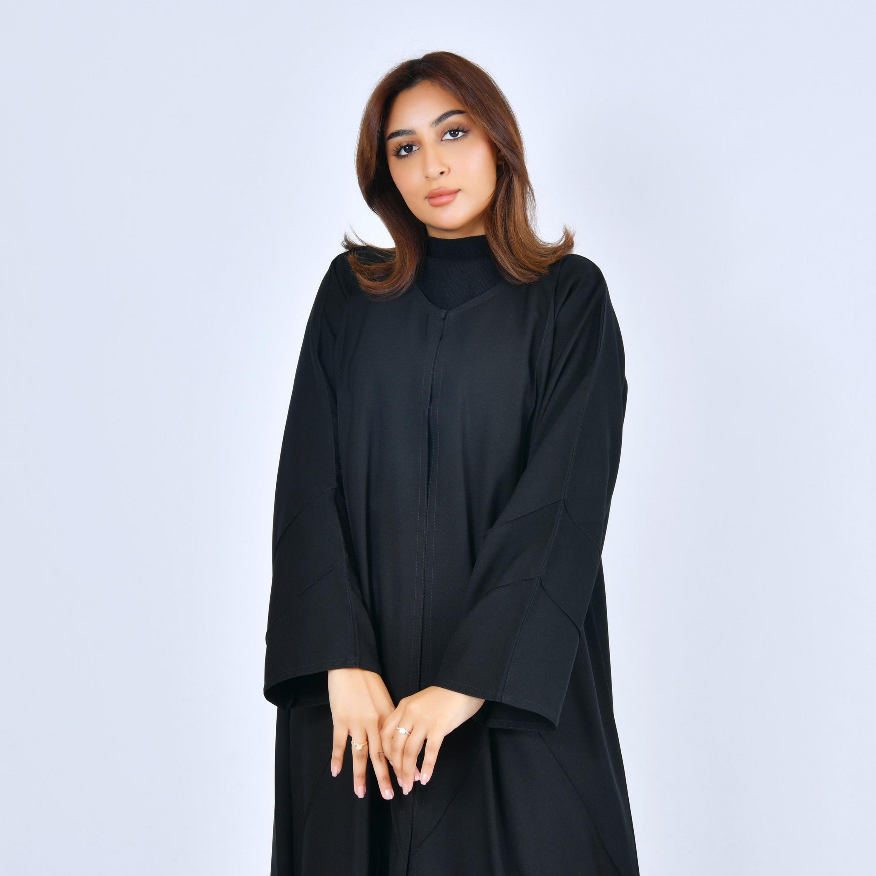 Lamha Black Pintuck Linen Women's Abaya-women-arabicclothing-abayas-image-2