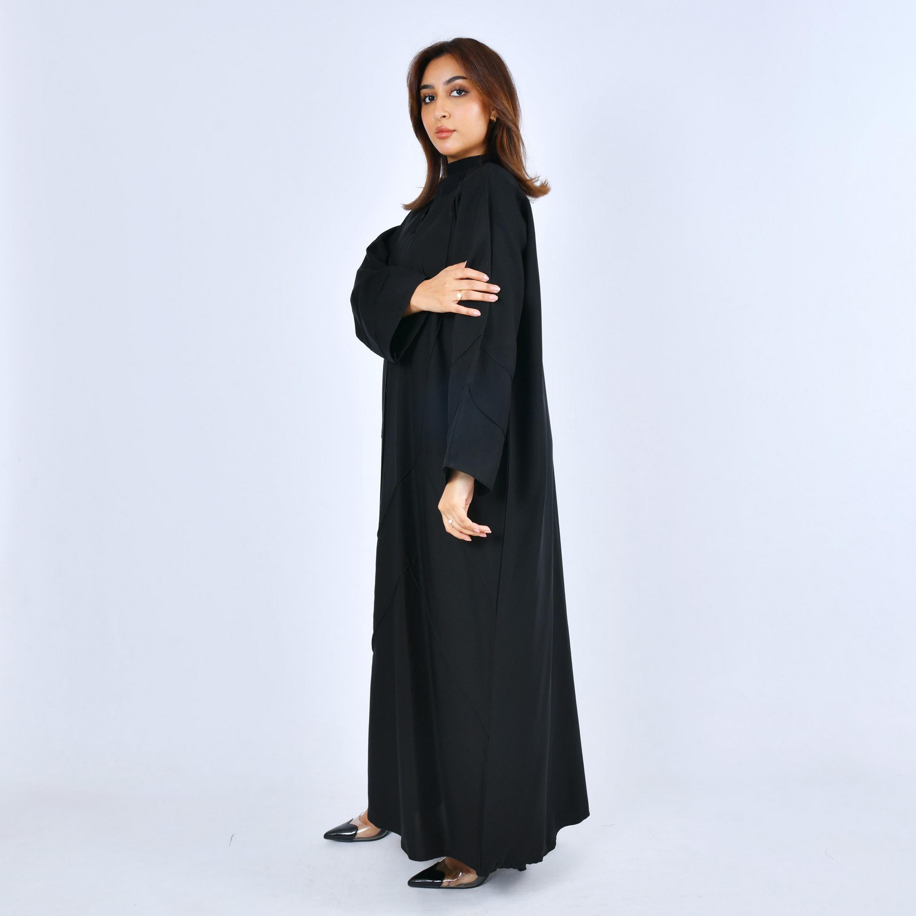 Lamha Black Pintuck Linen Women's Abaya-women-arabicclothing-abayas-image-3