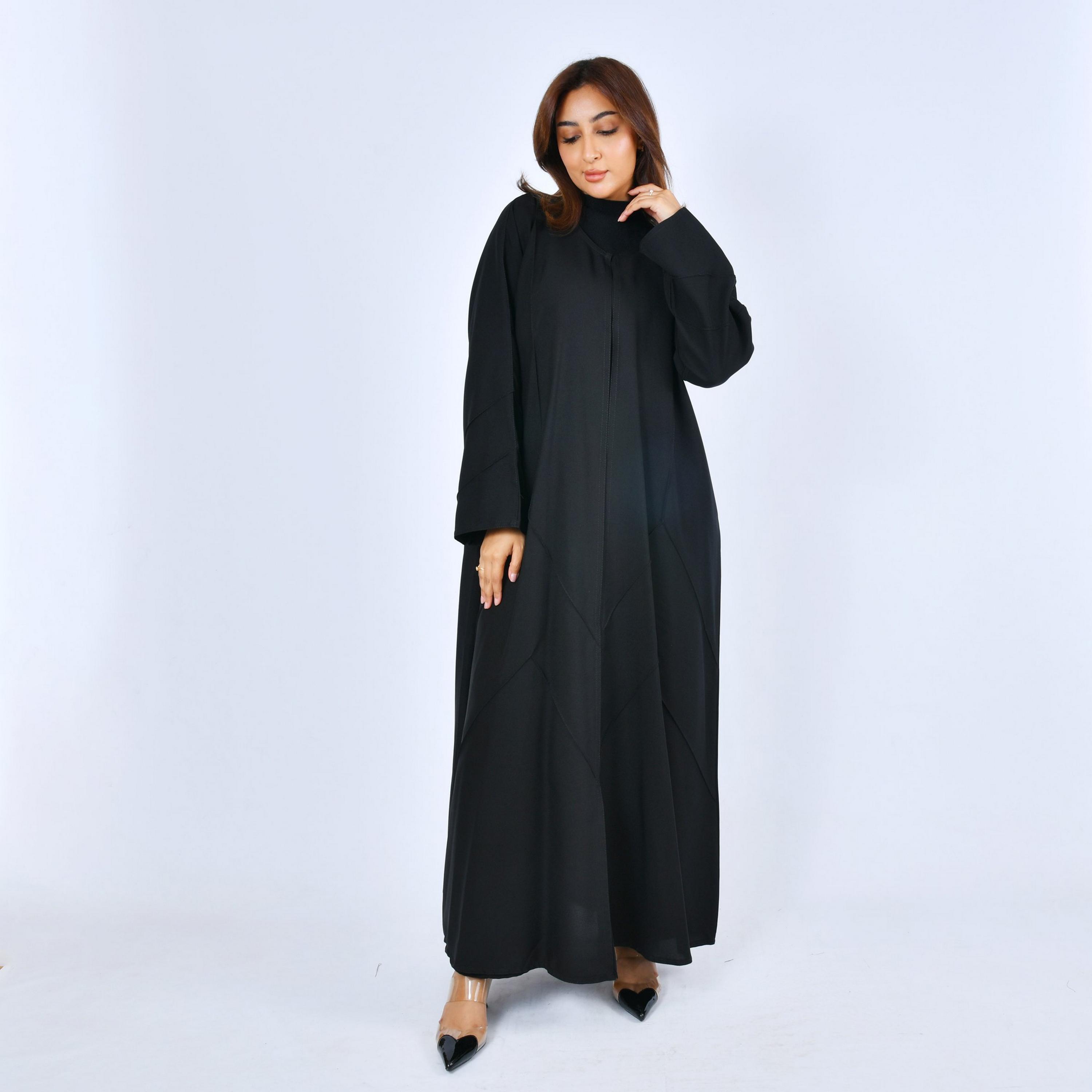 Lamha Black Pintuck Linen Women's Abaya-women-arabicclothing-abayas-image-4