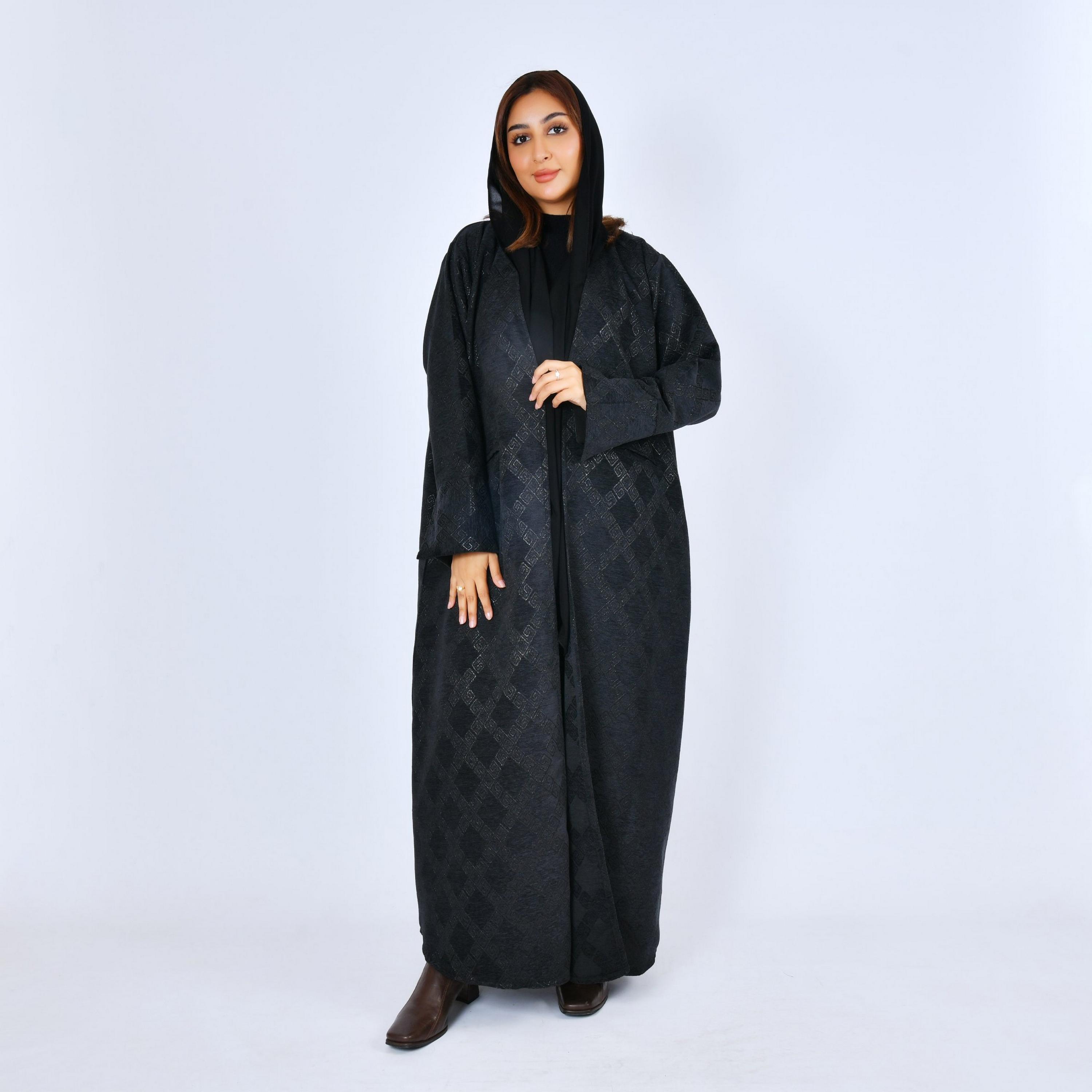 Lamha Black Geometric Suede Women's Abaya with Hijab-women-arabicclothing-abayas-image-1