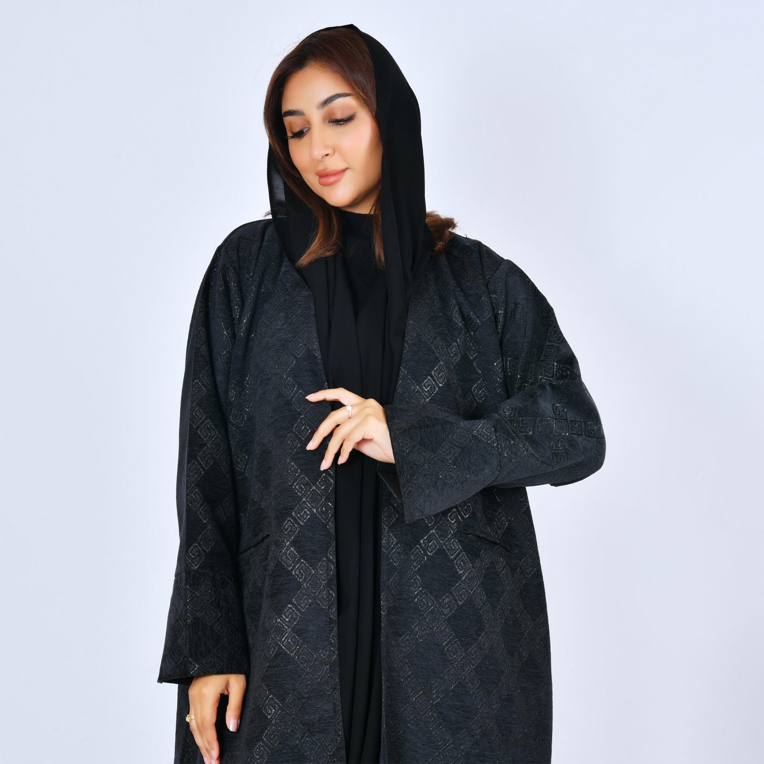 Lamha Black Geometric Suede Women's Abaya with Hijab-women-arabicclothing-abayas-image-2
